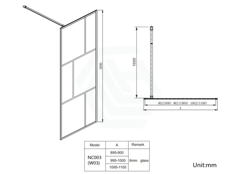 1000-1100x2000mm Black Fully Framed Shower Screen Grid Single Door Fixed Panel Walk-in 6mm Small Glass