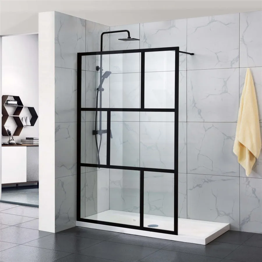 1000-1100x2000mm Black Fully Framed Shower Screen Grid Single Door Fixed Panel Walk-in 6mm Small Glass