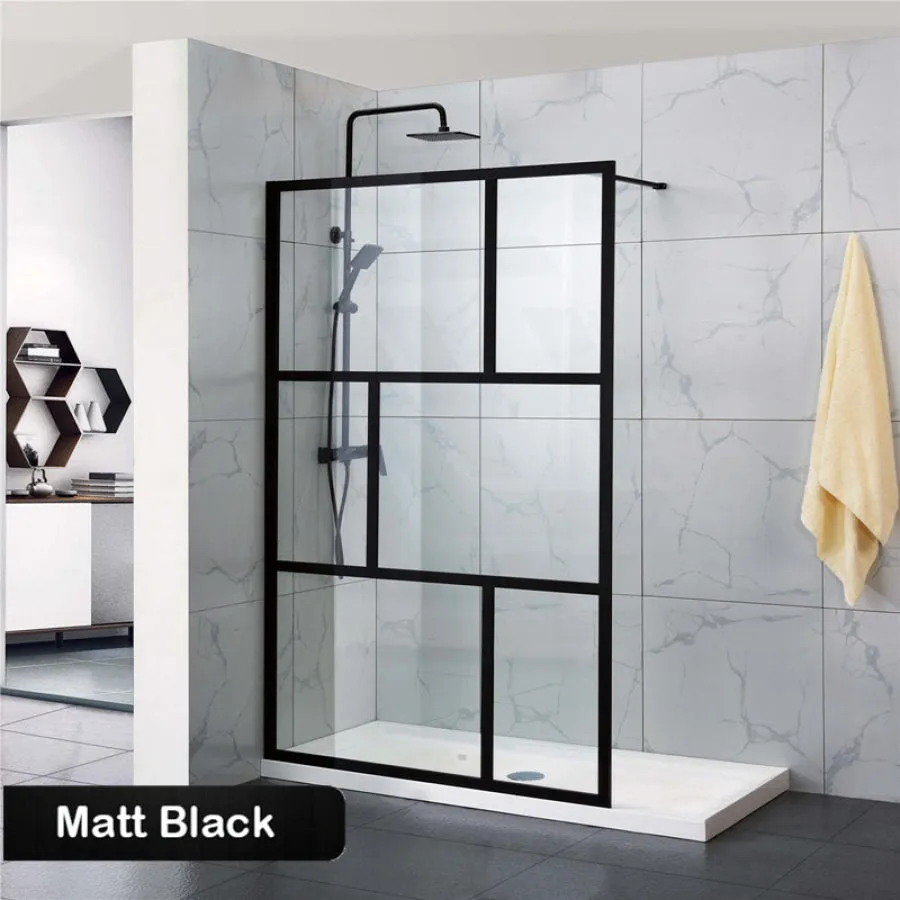 1000-1100x2000mm Black Fully Framed Shower Screen Grid Single Door Fixed Panel Walk-in 6mm Small Glass