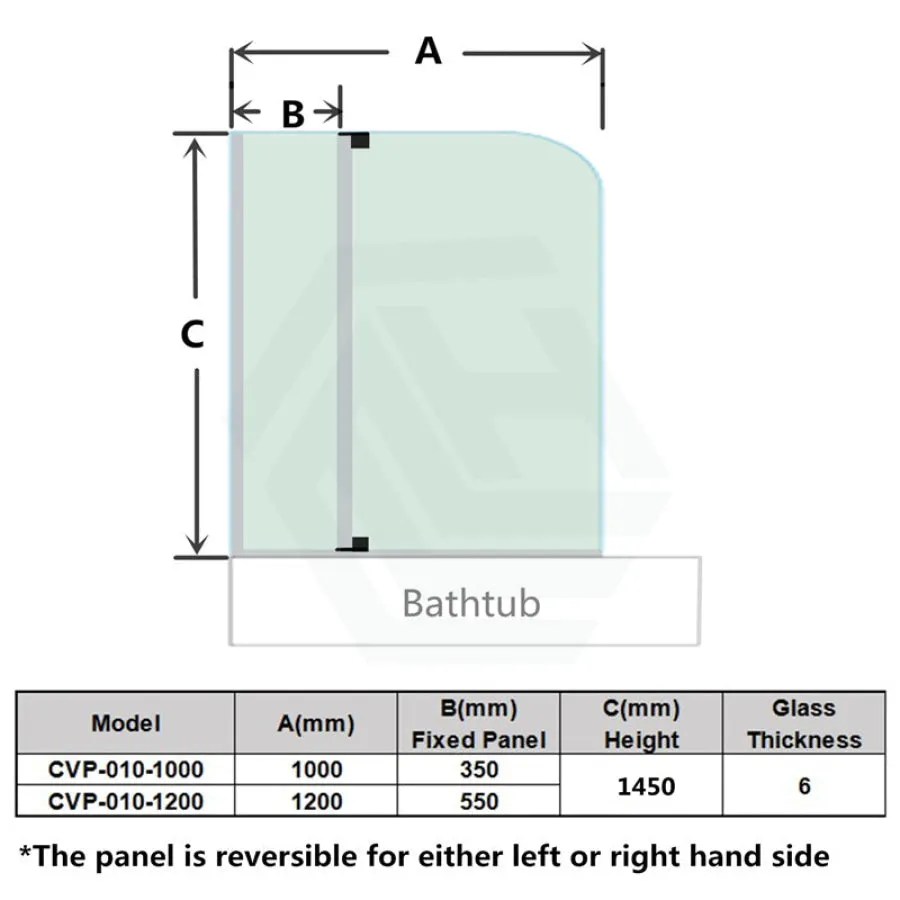 1000/1200x1450mm Fixed and Swing Over Bathtub Shower Screen 6mm Tempered Glass