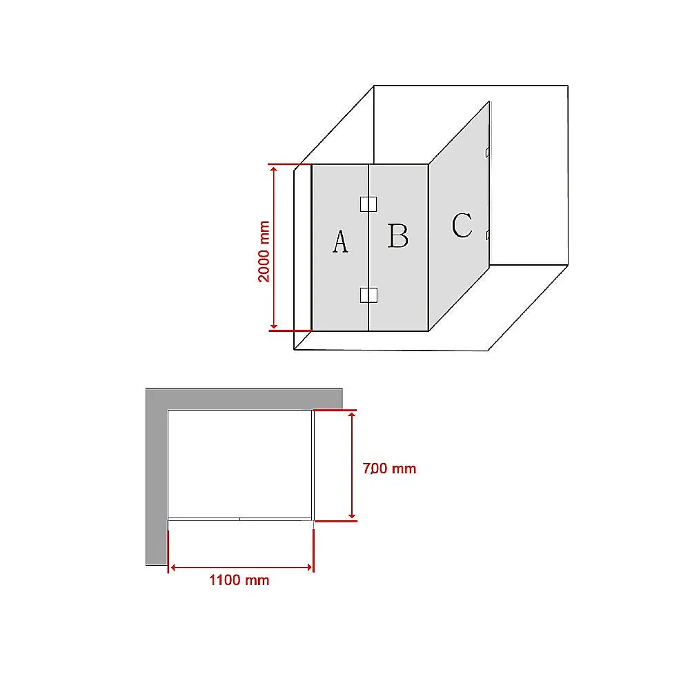 10mm Safety Glass Frameless Shower Screen, Black, 1100x700mm