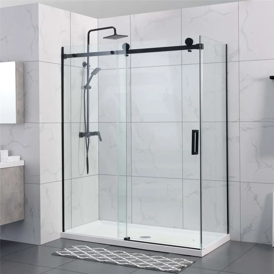 1180-2000x2000mm Sliding Shower Screen L Shape Frameless Black Square Rail Handle 10mm Glass