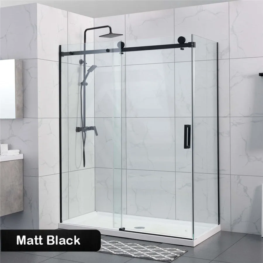 1180-2000x2000mm Sliding Shower Screen L Shape Frameless Black Square Rail Handle 10mm Glass