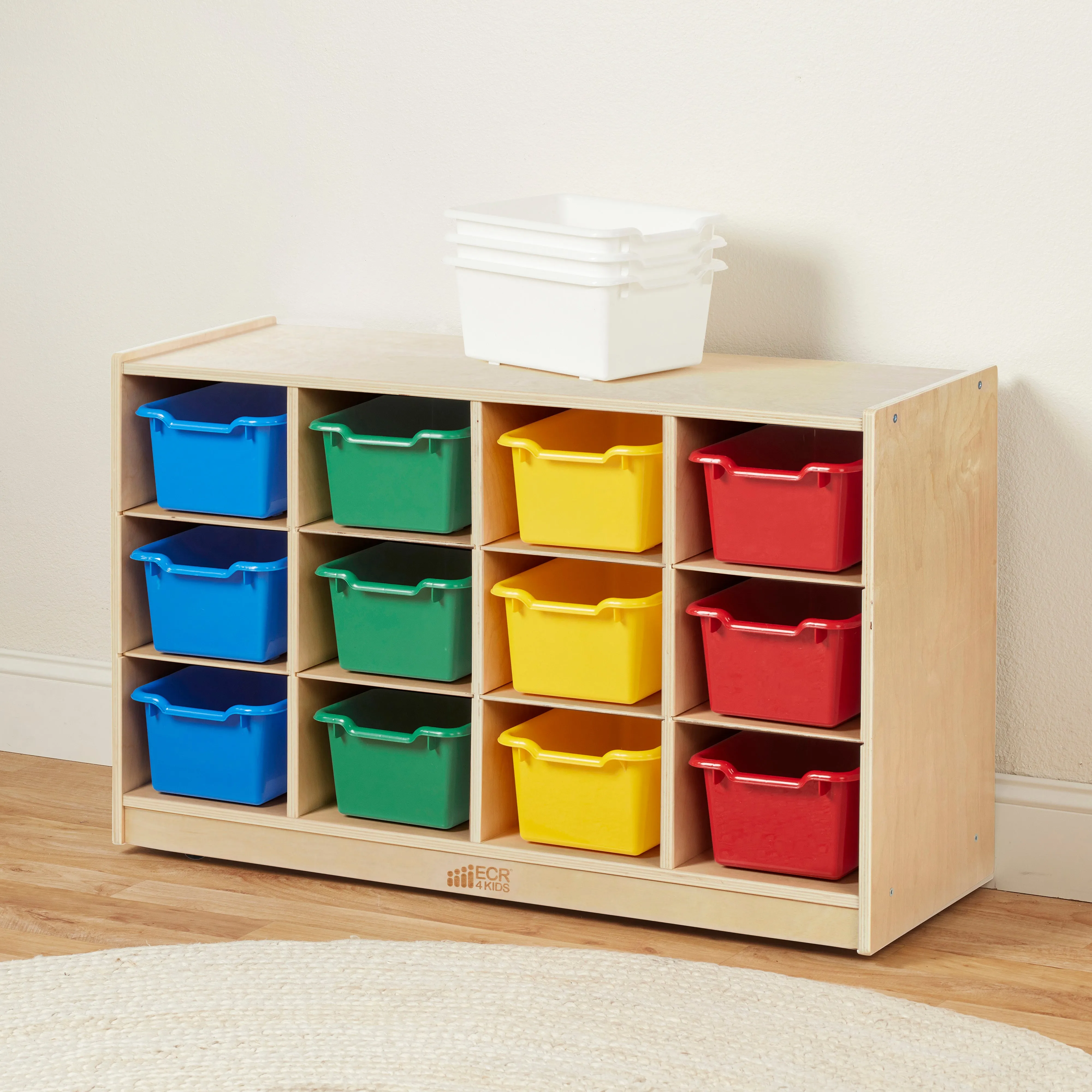 12 Cubby Mobile Tray Cabinet with 15 Scoop Front Storage Bins