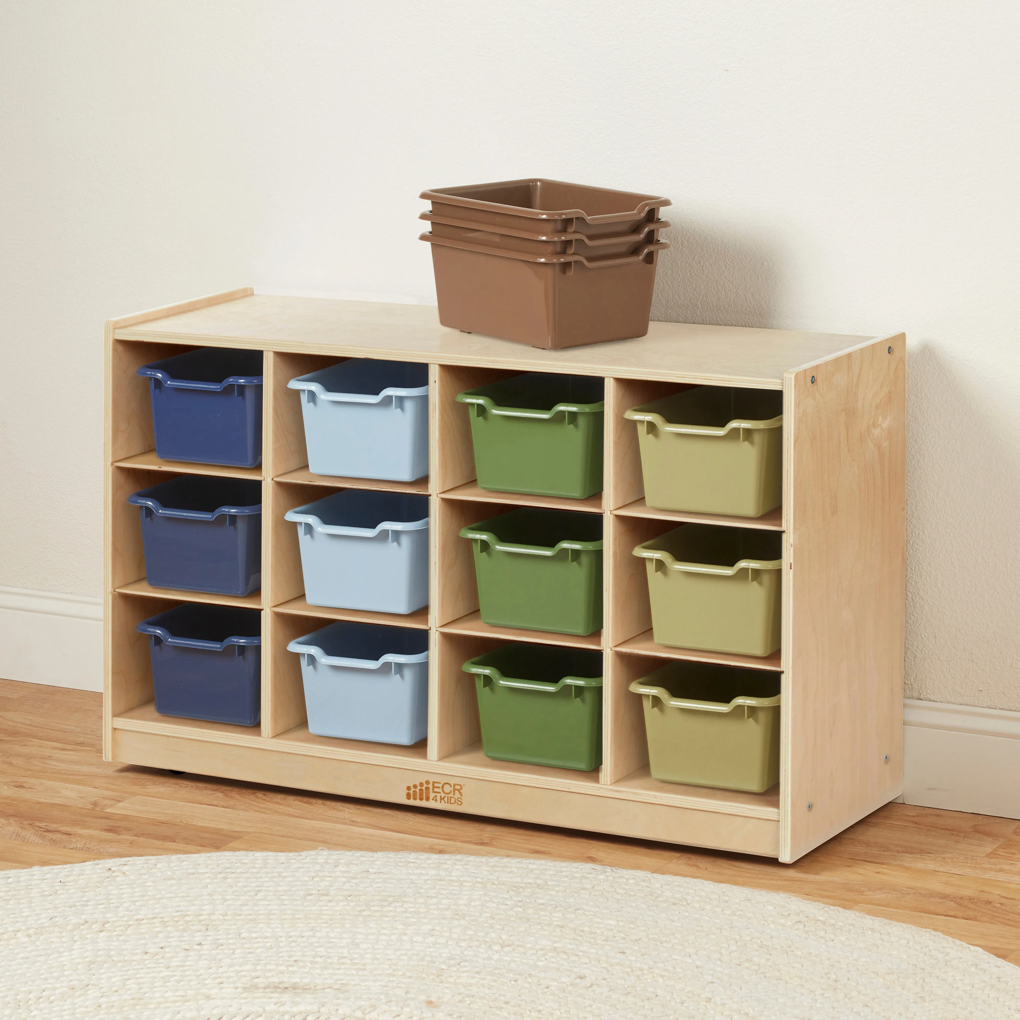 12 Cubby Mobile Tray Cabinet with 15 Scoop Front Storage Bins