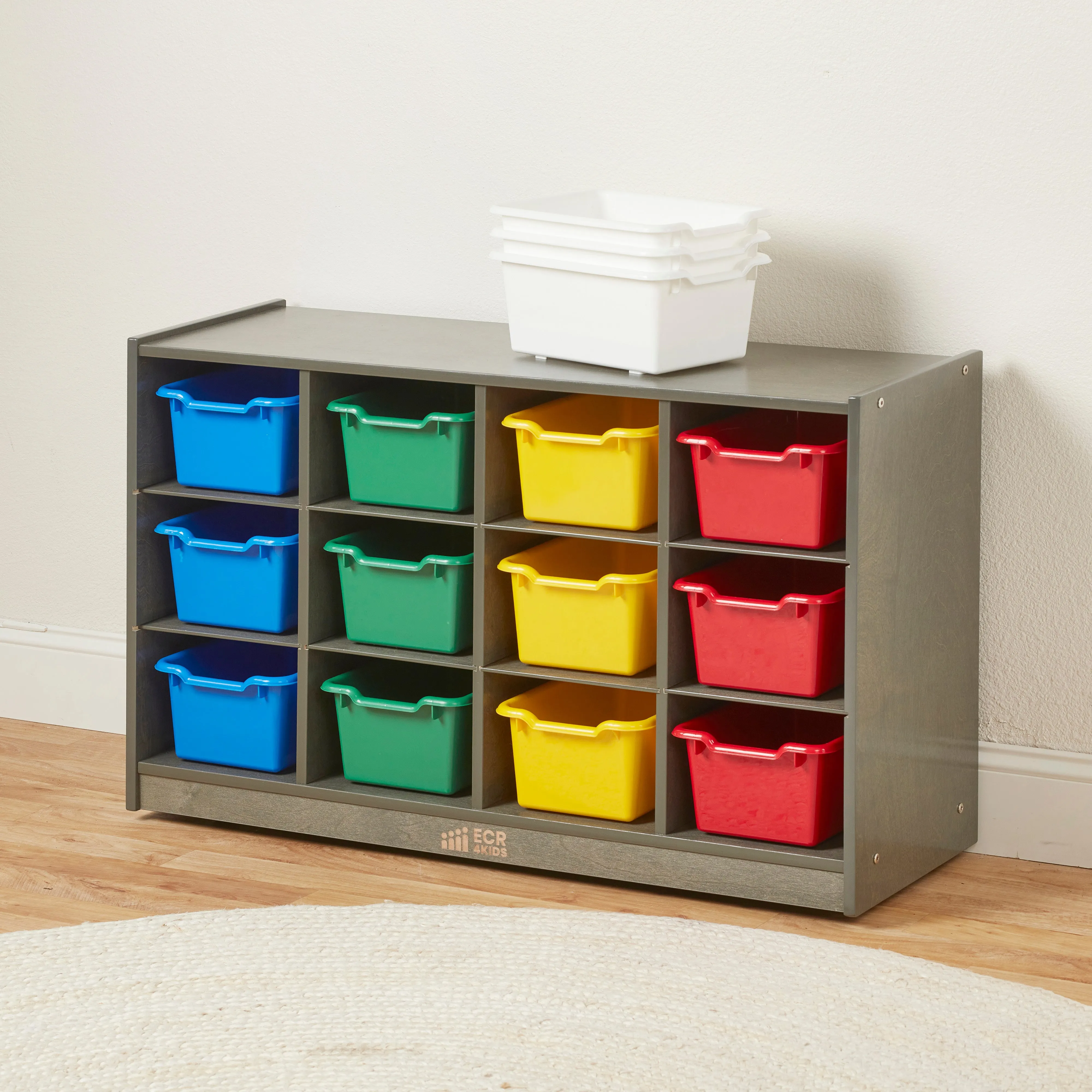 12 Cubby Mobile Tray Cabinet with Scoop Front Storage Bins, Grey Wash, Assorted