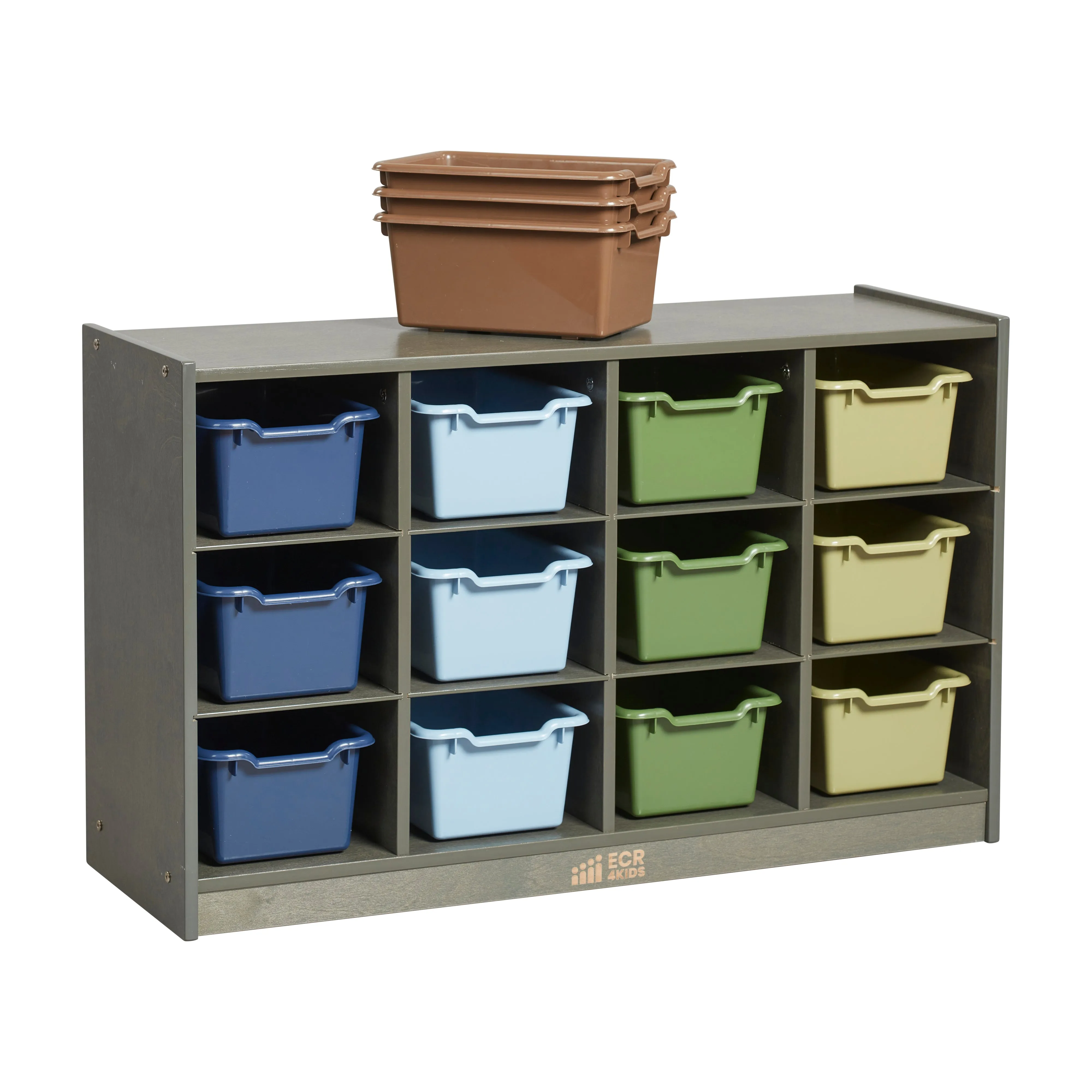 12 Cubby Mobile Tray Cabinet with Scoop Front Storage Bins, Grey Wash, Assorted