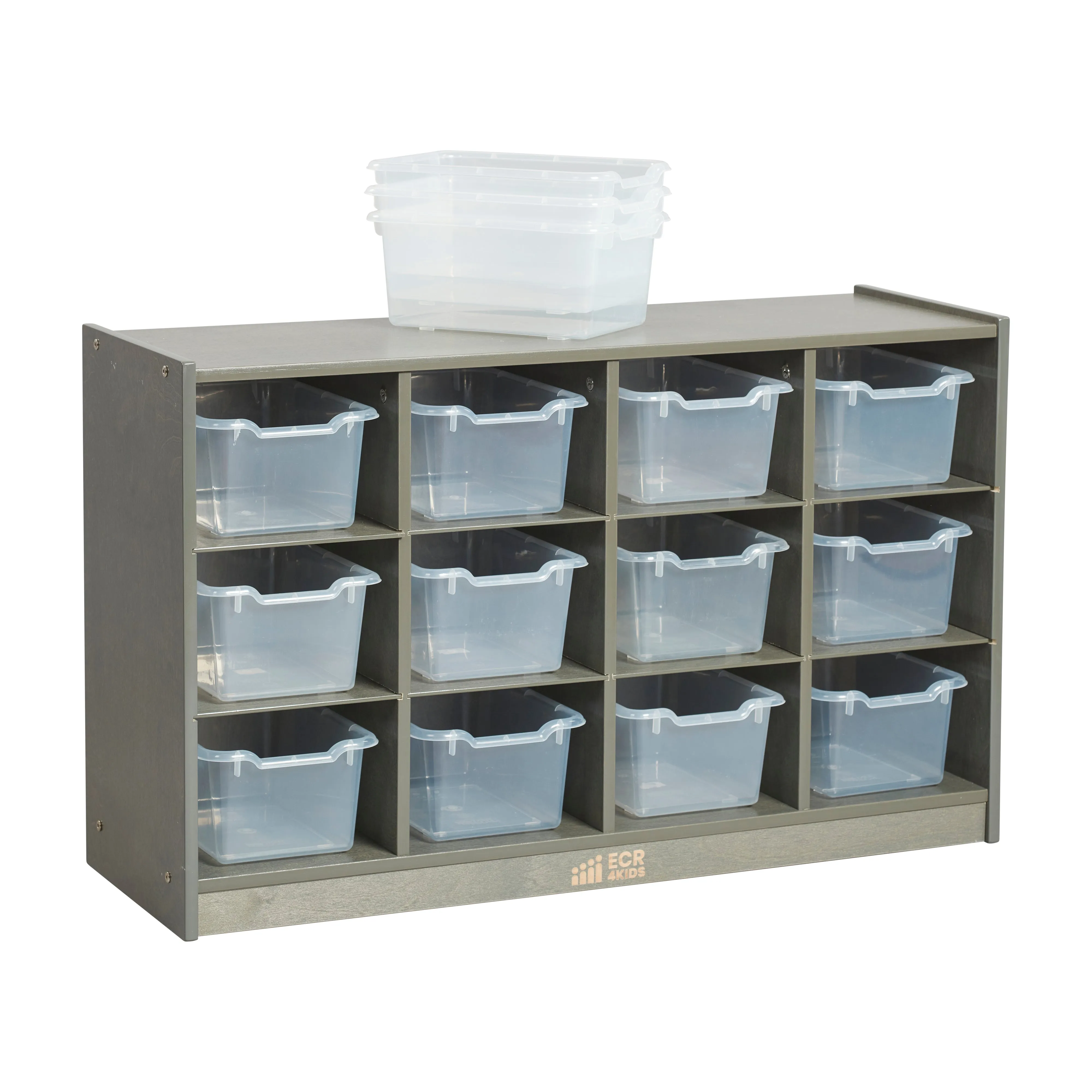 12 Cubby Mobile Tray Cabinet with Scoop Front Storage Bins, Grey Wash, Assorted