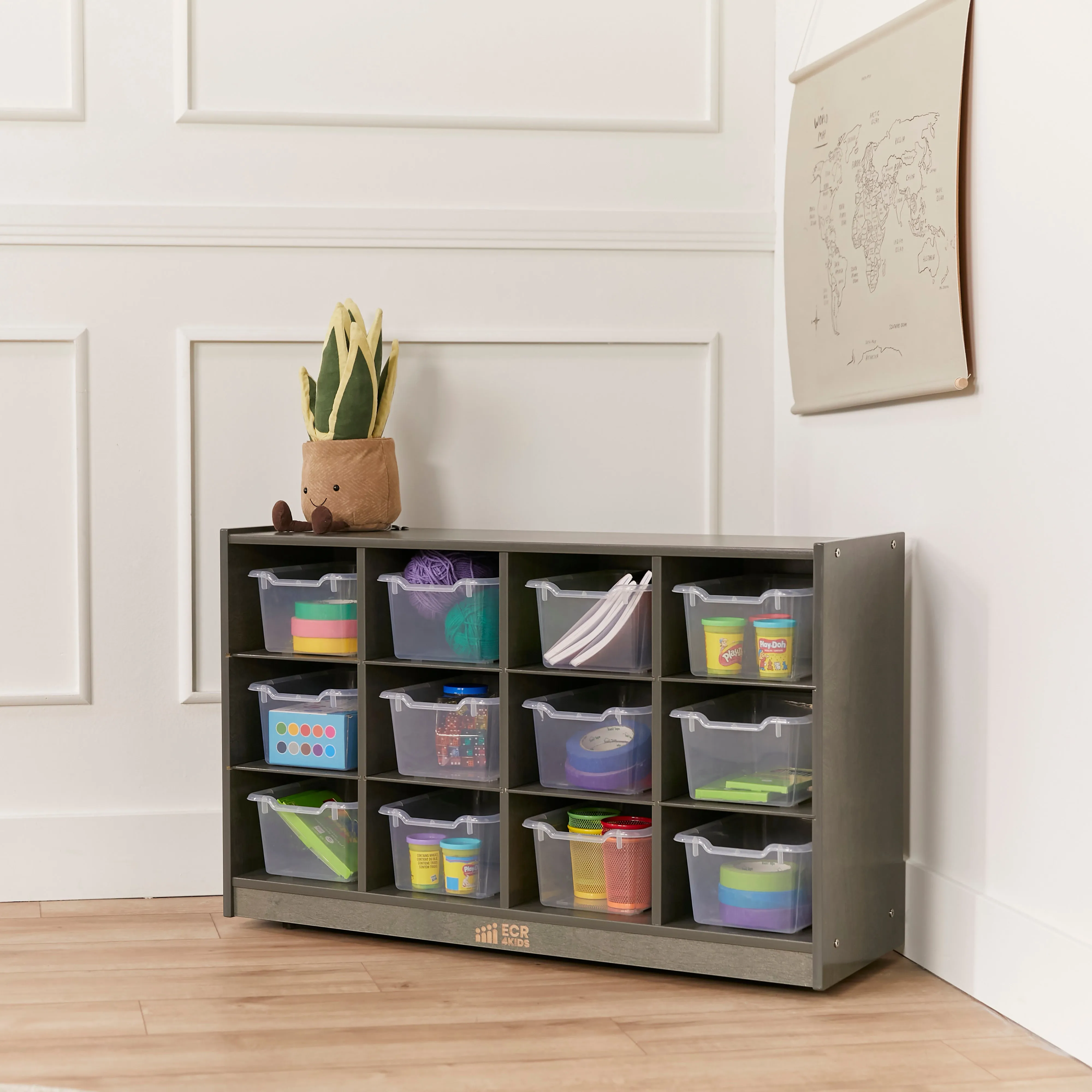 12 Cubby Mobile Tray Cabinet with Scoop Front Storage Bins, Grey Wash, Assorted