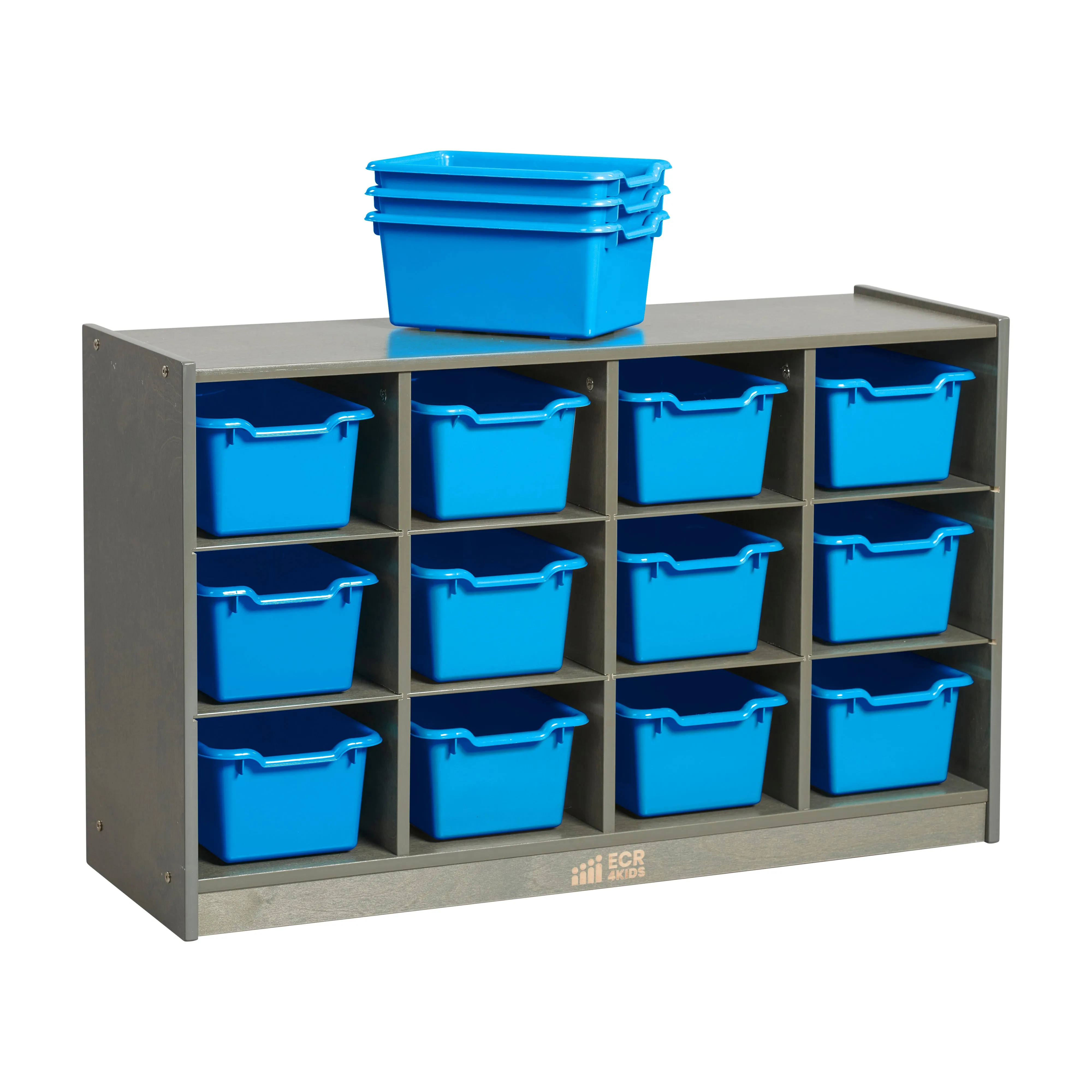 12 Cubby Mobile Tray Cabinet with Scoop Front Storage Bins, Grey Wash, Assorted