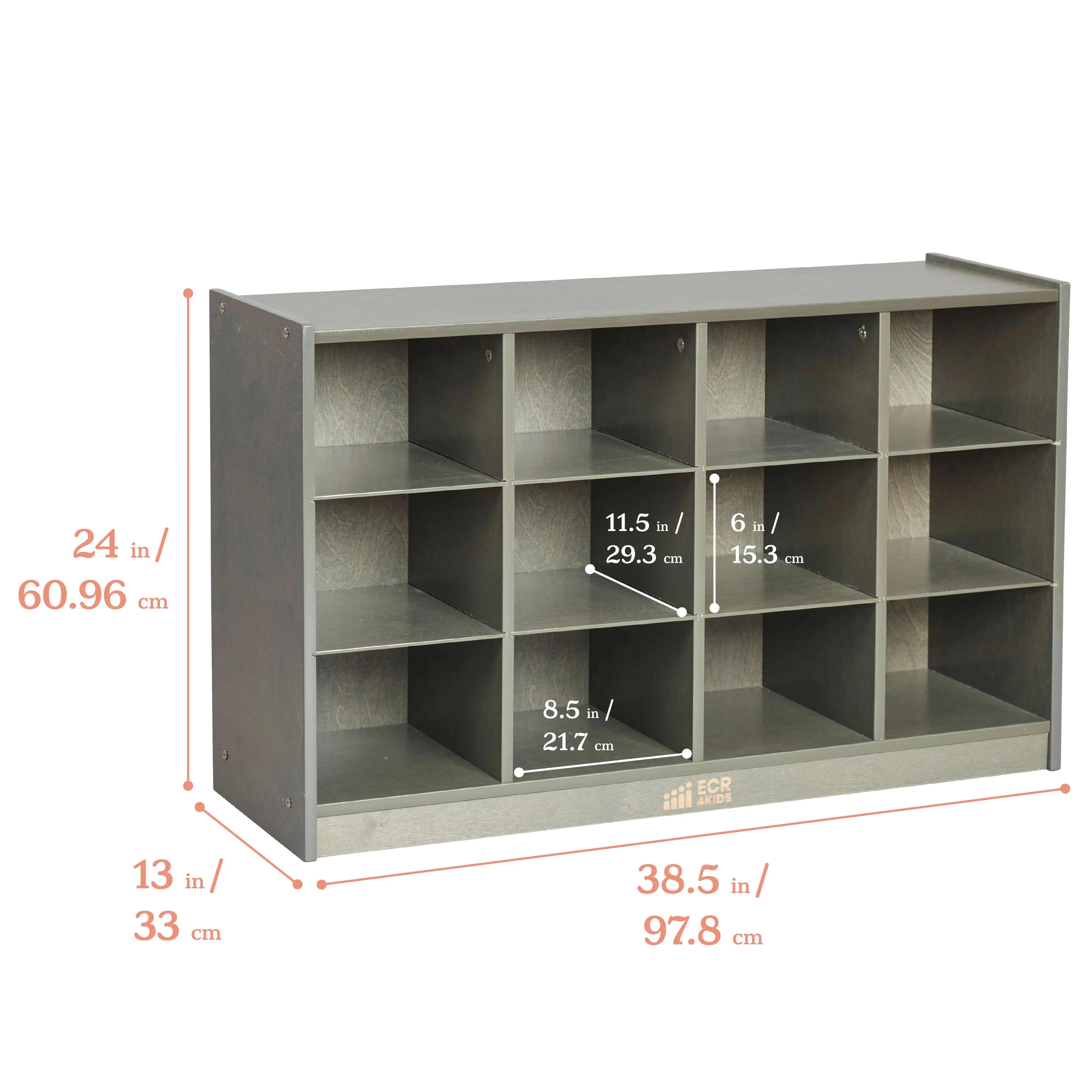 12 Cubby Mobile Tray Cabinet with Scoop Front Storage Bins, Grey Wash, Assorted