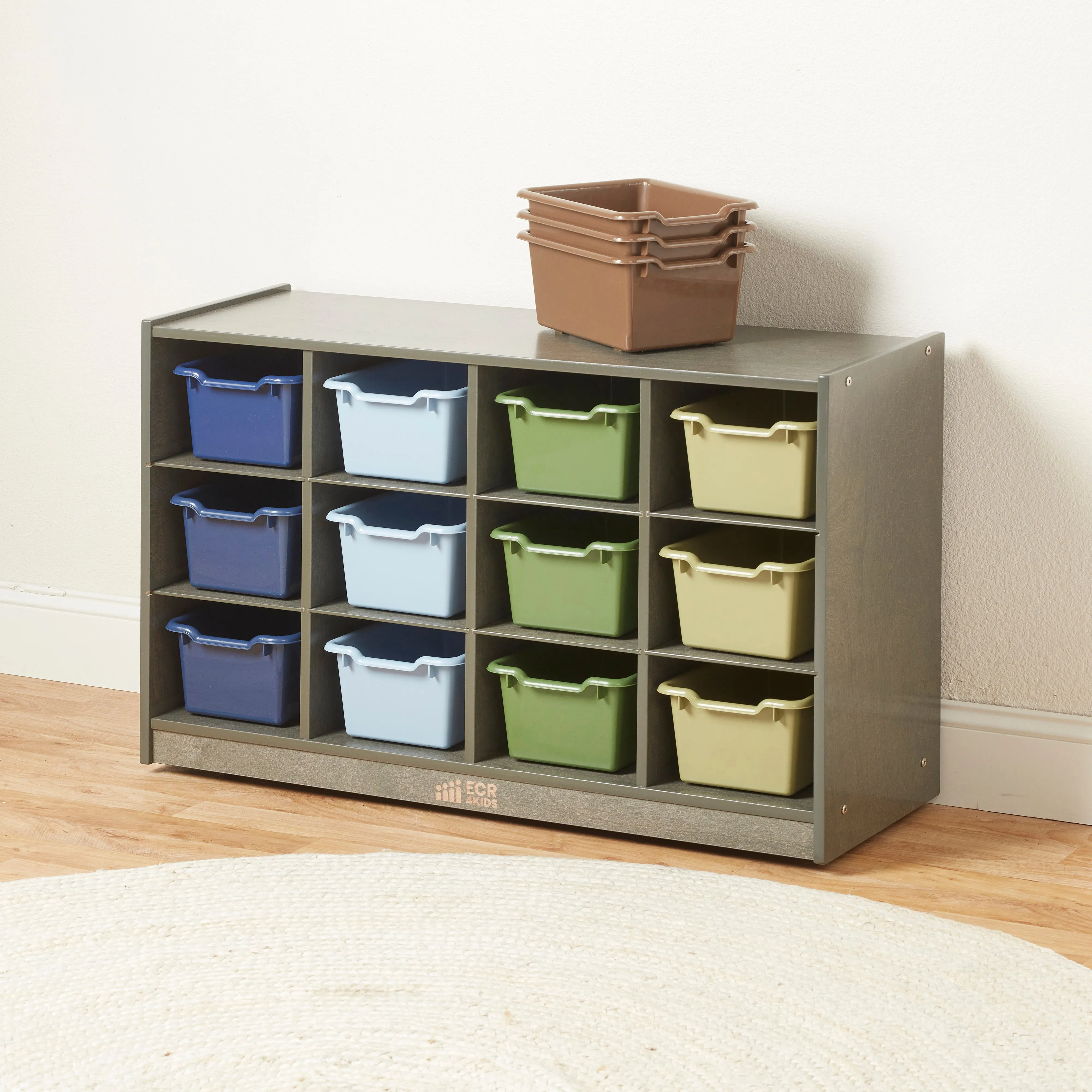 12 Cubby Mobile Tray Cabinet with Scoop Front Storage Bins, Grey Wash, Assorted