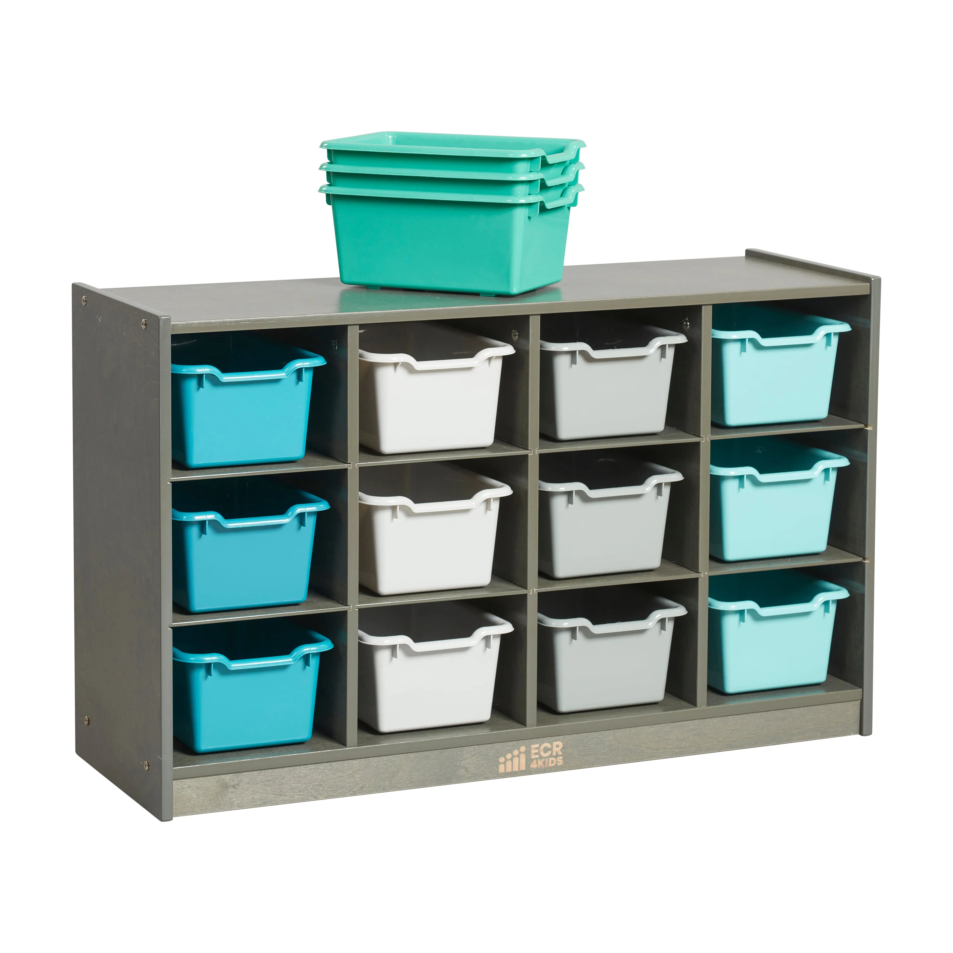 12 Cubby Mobile Tray Cabinet with Scoop Front Storage Bins, Grey Wash, Assorted