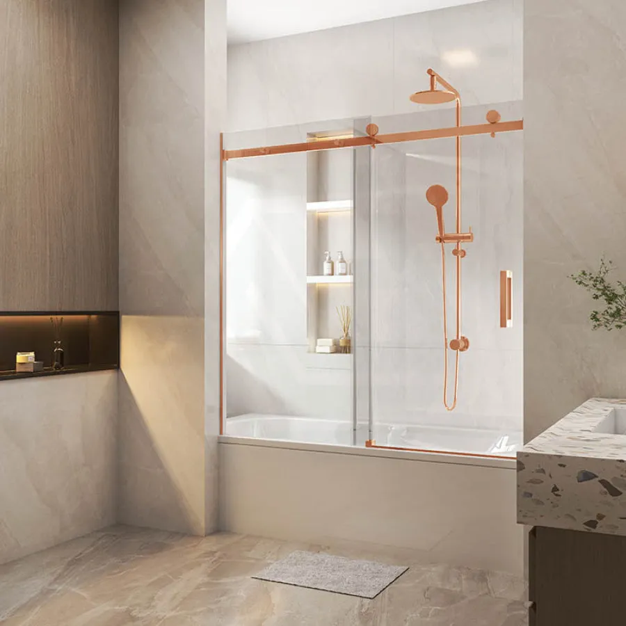 1450-1800x1600mm Bathtub Sliding Shower Screen Wall to Wall Frameless Square Handle Rose Gold