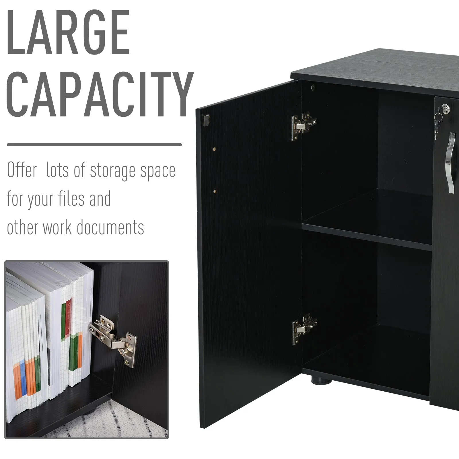 2-Tier Locking Office Storage Cabinet File Organisation w/ Feet Melamine Coating Aluminium Handles 2 Keys Stylish Black