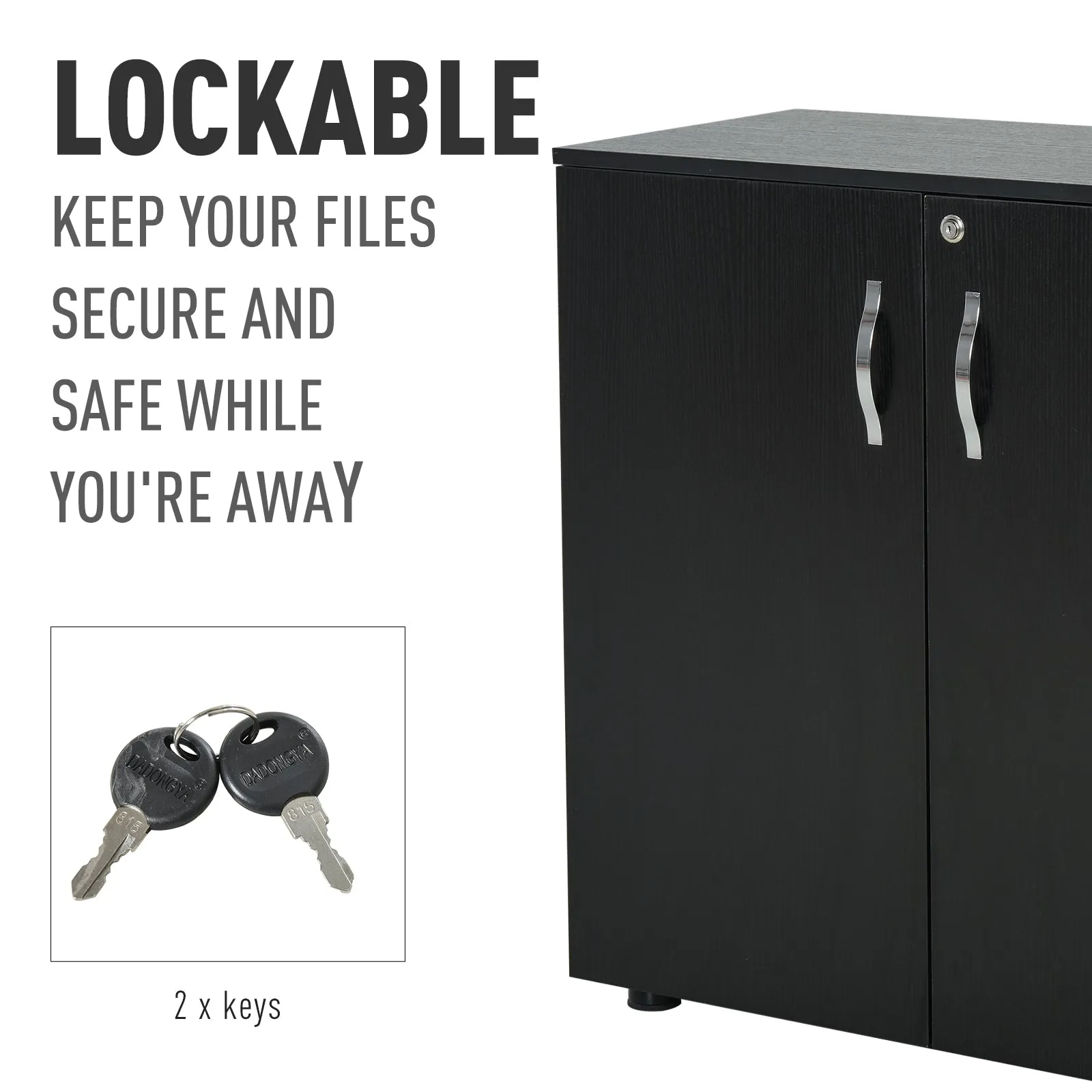 2-Tier Locking Office Storage Cabinet File Organisation w/ Feet Melamine Coating Aluminium Handles 2 Keys Stylish Black