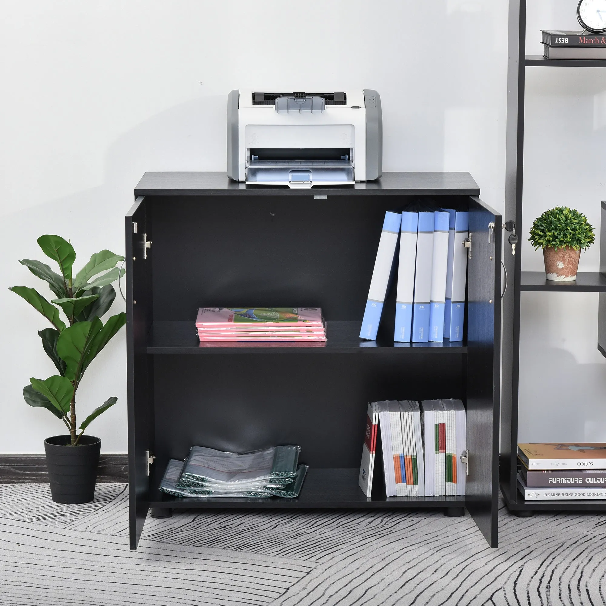 2-Tier Locking Office Storage Cabinet File Organisation w/ Feet Melamine Coating Aluminium Handles 2 Keys Stylish Black