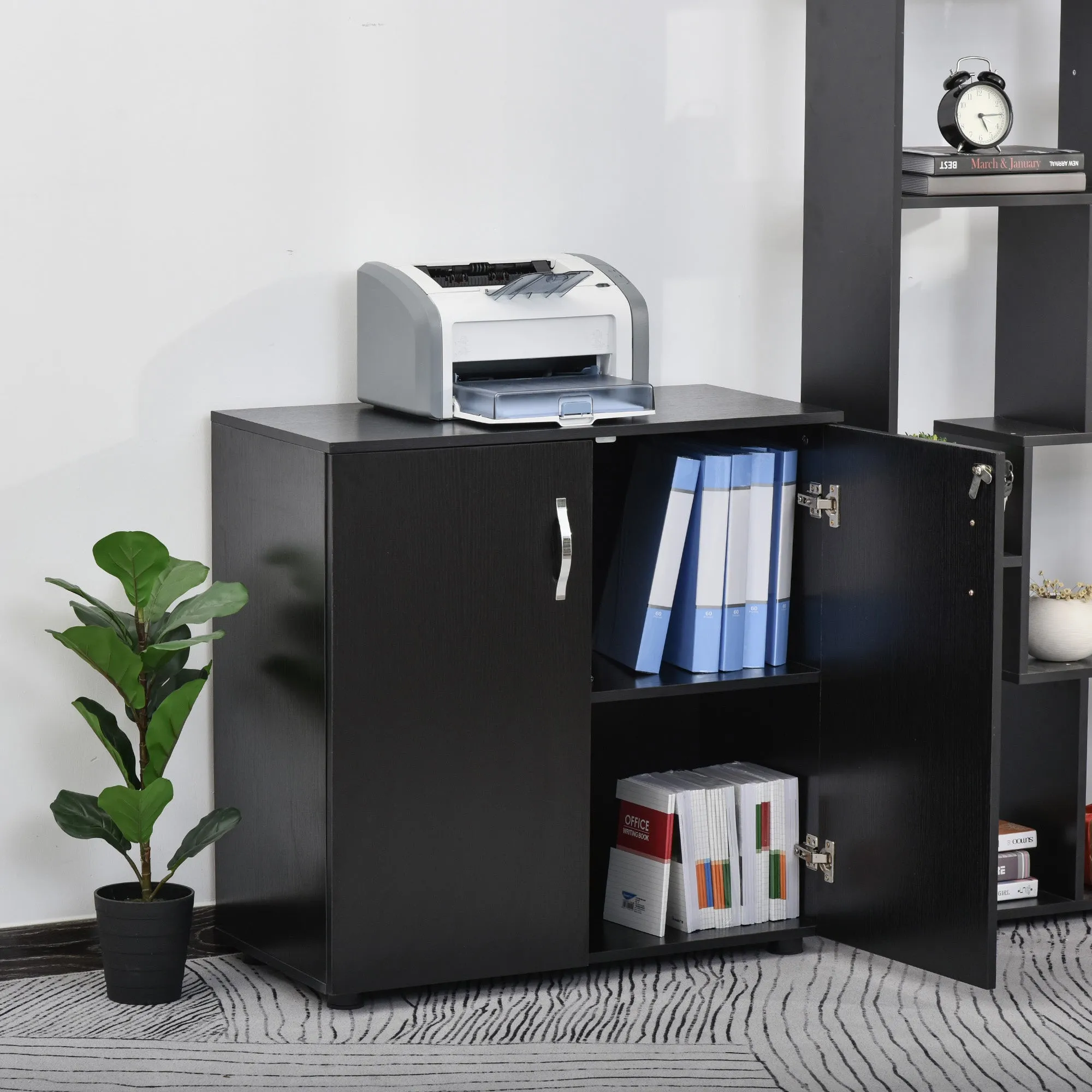 2-Tier Locking Office Storage Cabinet File Organisation w/ Feet Melamine Coating Aluminium Handles 2 Keys Stylish Black