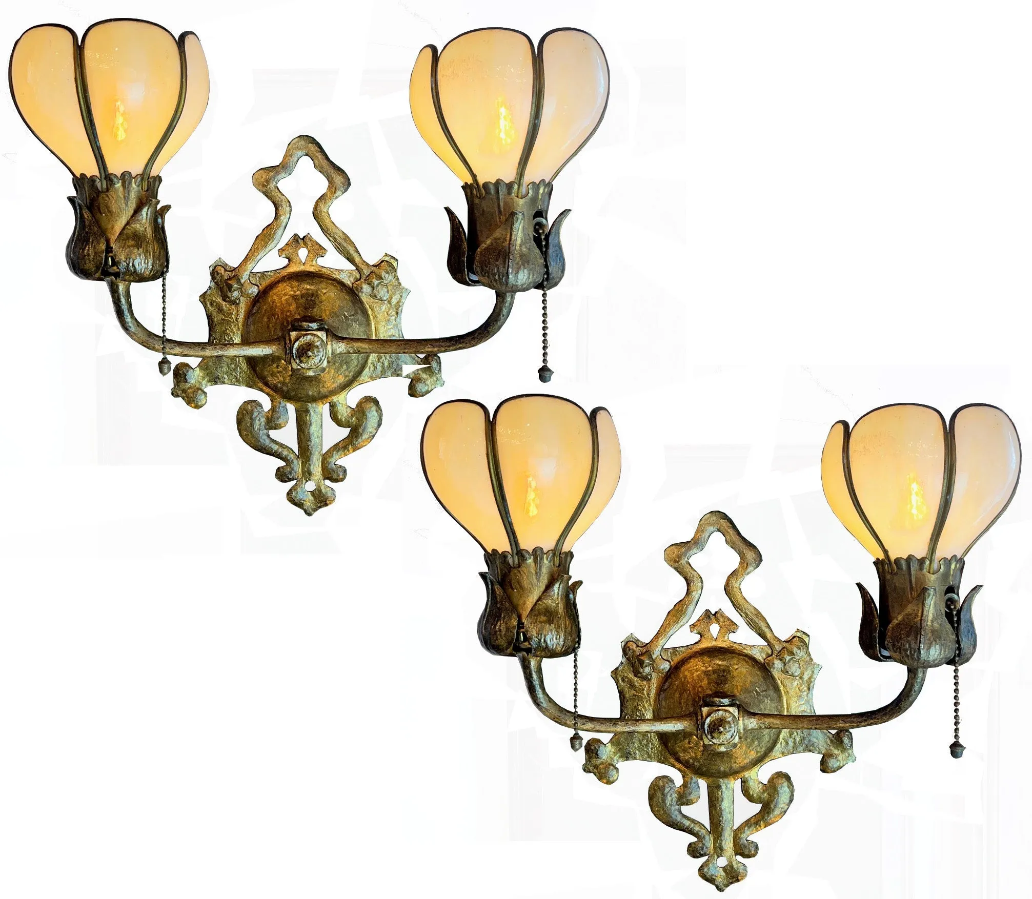 $2300 PAIR - Rare Pair of Incredible Handel Double Light American Art Nouveau Wall Sconces with Original Panel Glass Shades