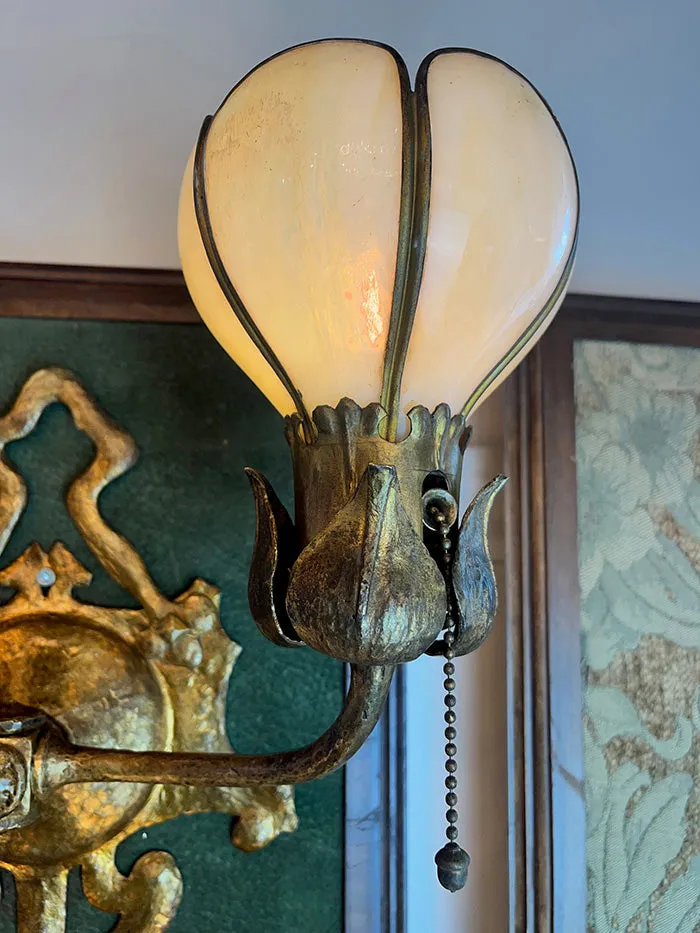 $2300 PAIR - Rare Pair of Incredible Handel Double Light American Art Nouveau Wall Sconces with Original Panel Glass Shades