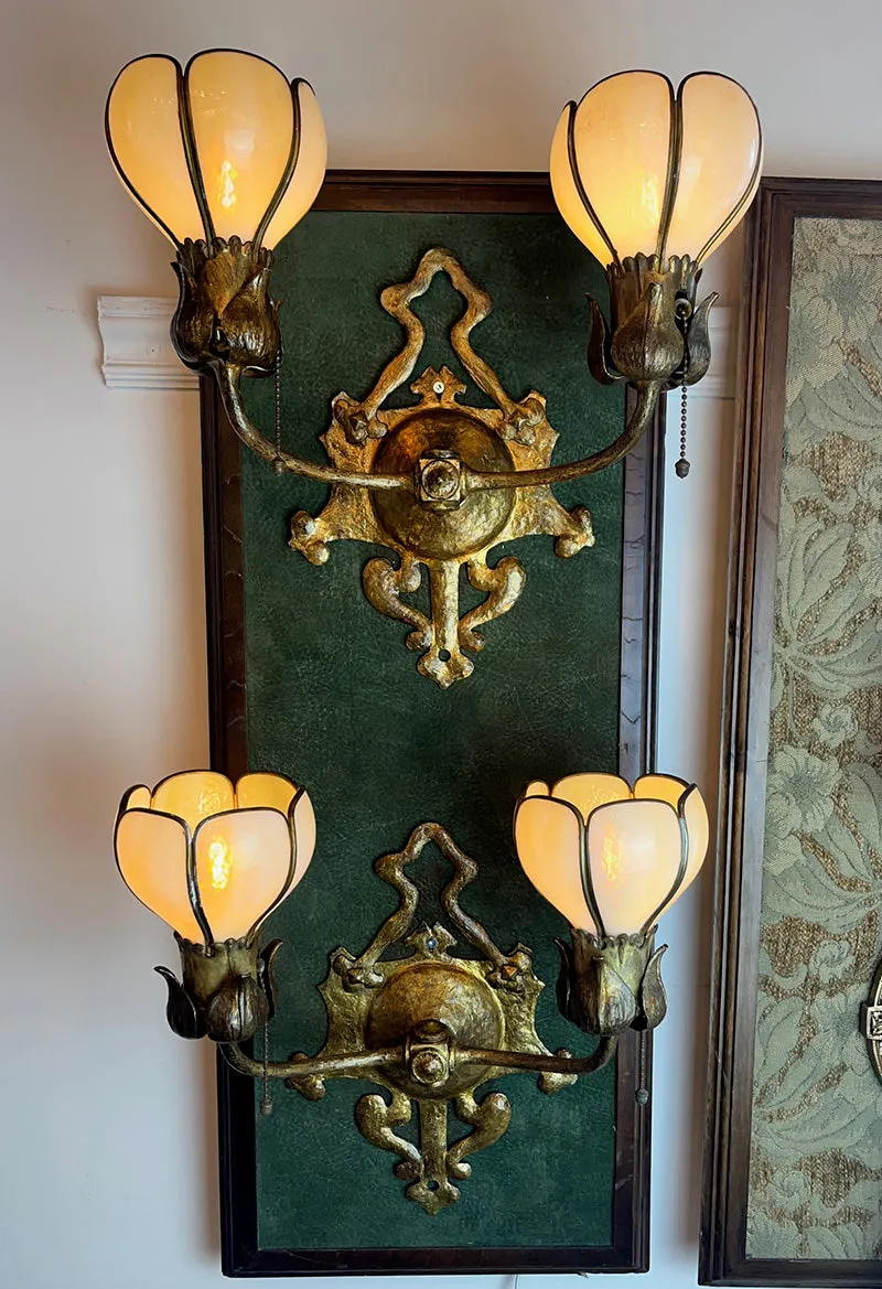 $2300 PAIR - Rare Pair of Incredible Handel Double Light American Art Nouveau Wall Sconces with Original Panel Glass Shades