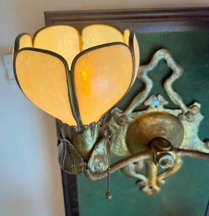 $2300 PAIR - Rare Pair of Incredible Handel Double Light American Art Nouveau Wall Sconces with Original Panel Glass Shades