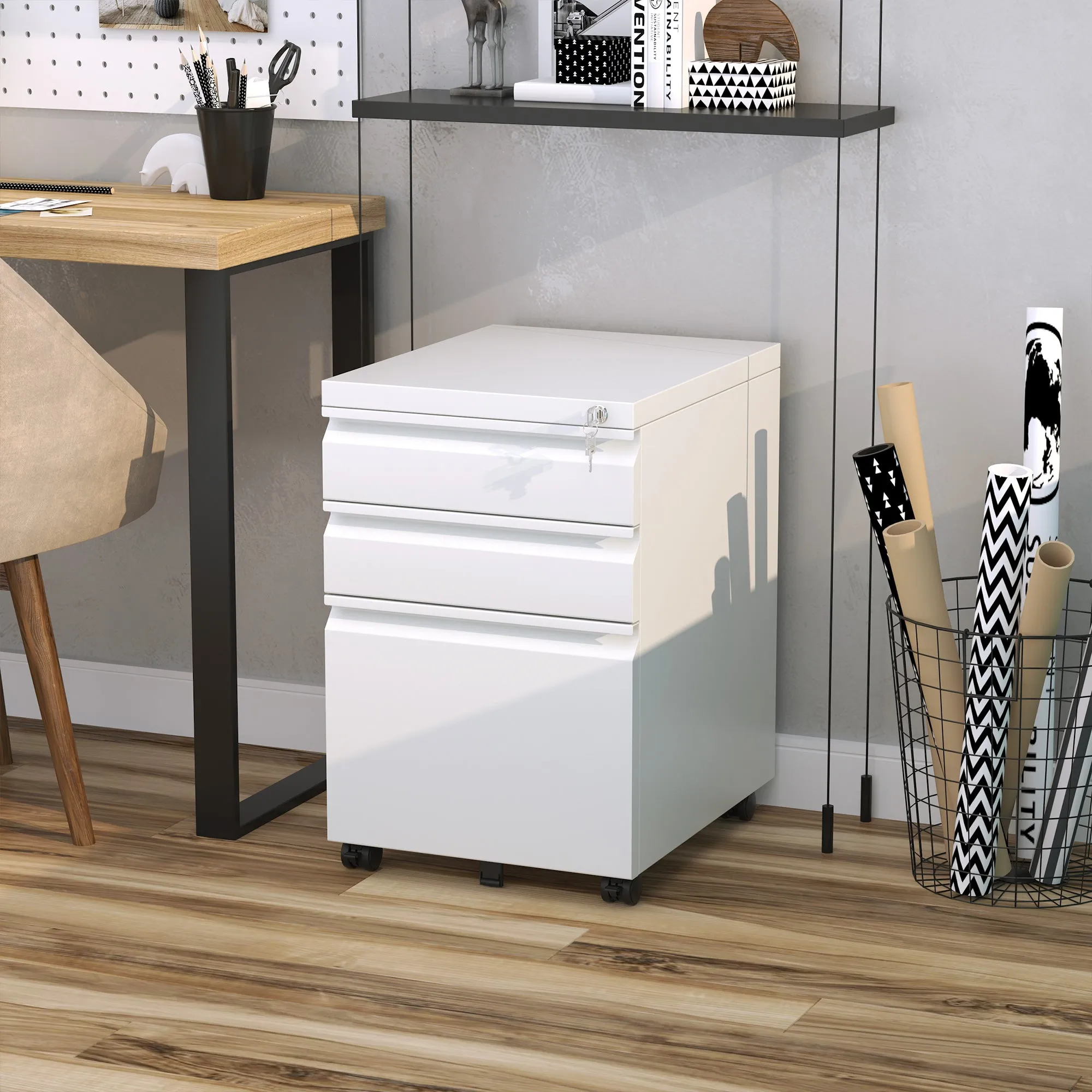 3-Drawer Mobile Vertical File Cabinet, Lockable Mobile Vertical File Cabinet, Under Desk Rolling Storage Cabinet, White