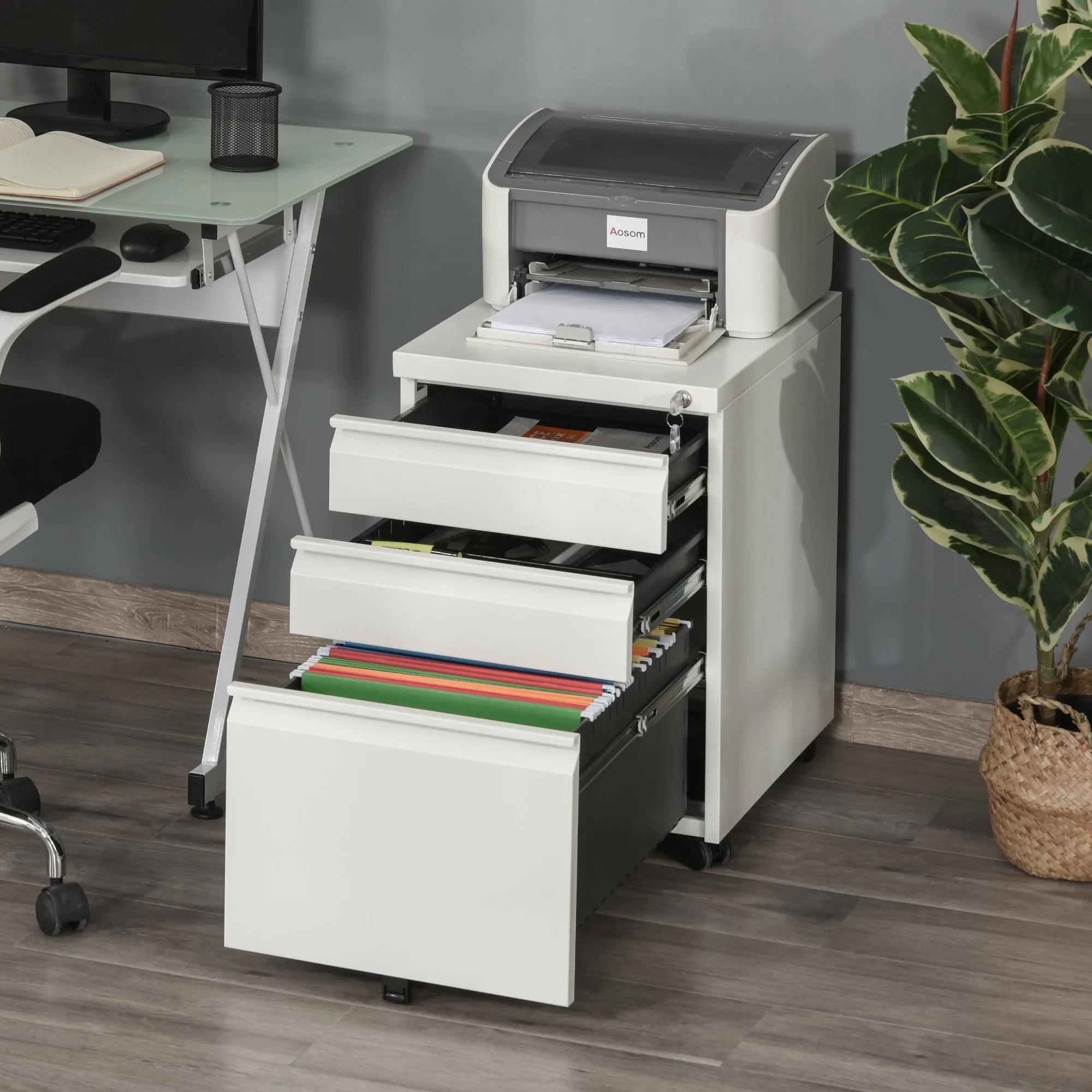 3-Drawer Mobile Vertical File Cabinet, Lockable Mobile Vertical File Cabinet, Under Desk Rolling Storage Cabinet, White