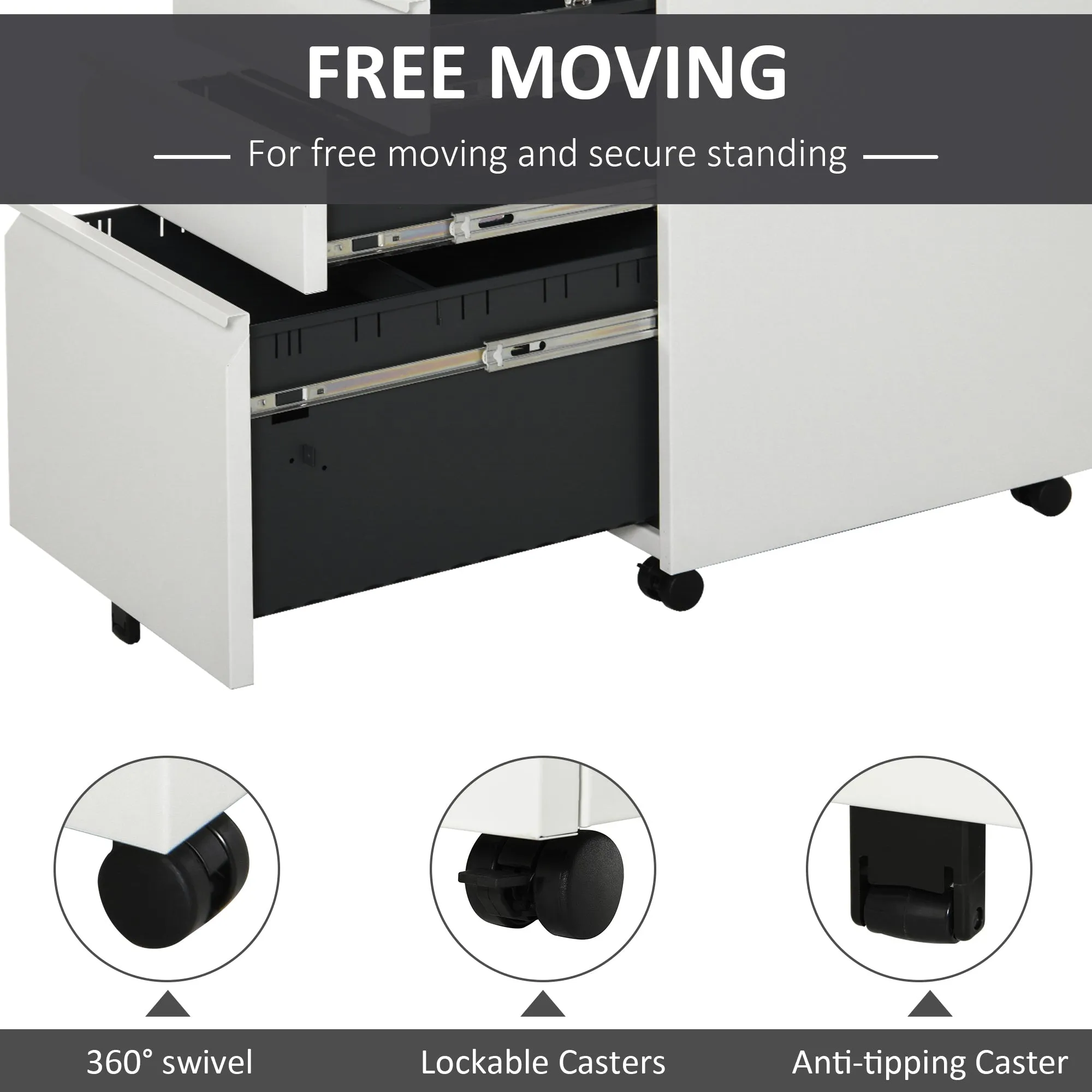 3-Drawer Mobile Vertical File Cabinet, Lockable Mobile Vertical File Cabinet, Under Desk Rolling Storage Cabinet, White