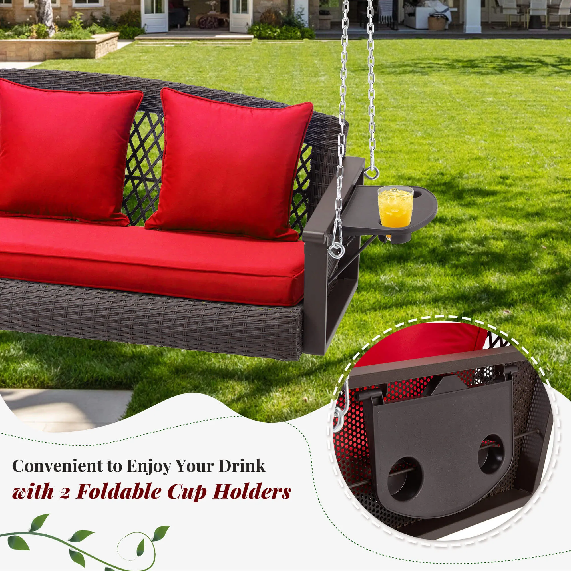 3-Seater Patio Hanging Swing Bed with Cup Holders and Cushions ,Red