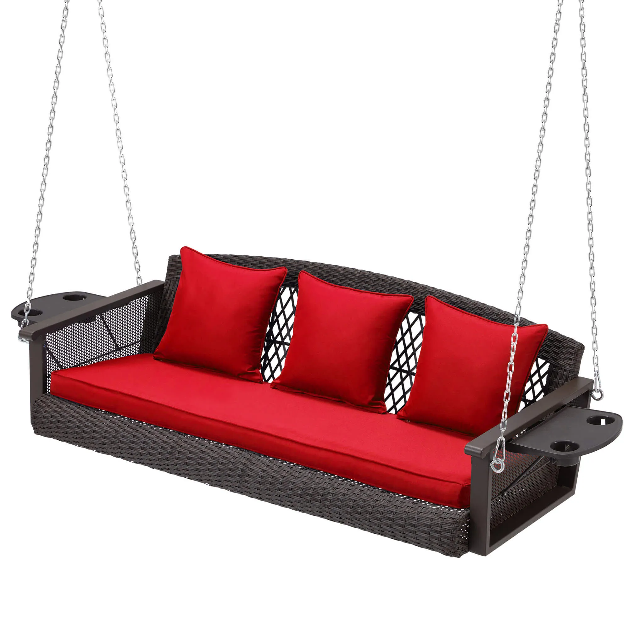 3-Seater Patio Hanging Swing Bed with Cup Holders and Cushions ,Red