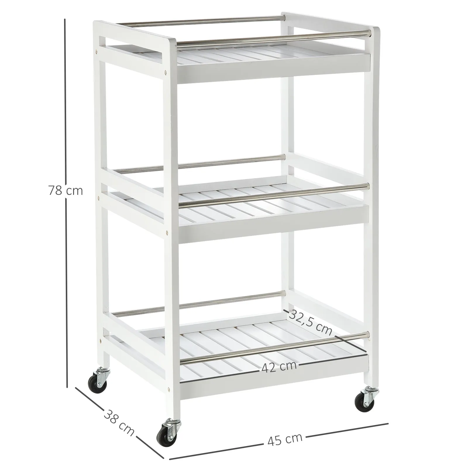 3-Tier Home Trolley Kitchen Storage w/ Steel Bars 4 Wheels Rolling Unit Organiser Living Room White