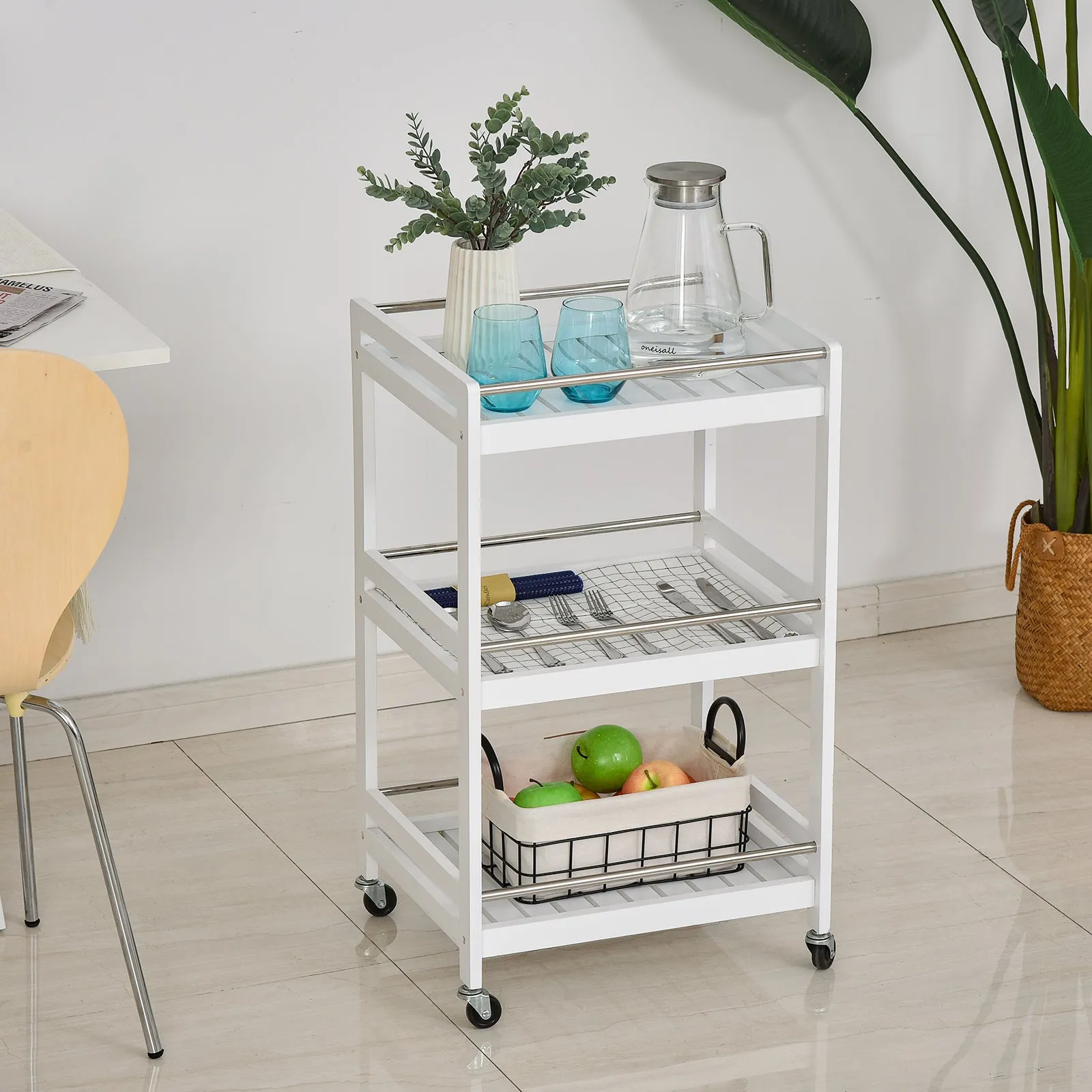 3-Tier Home Trolley Kitchen Storage w/ Steel Bars 4 Wheels Rolling Unit Organiser Living Room White