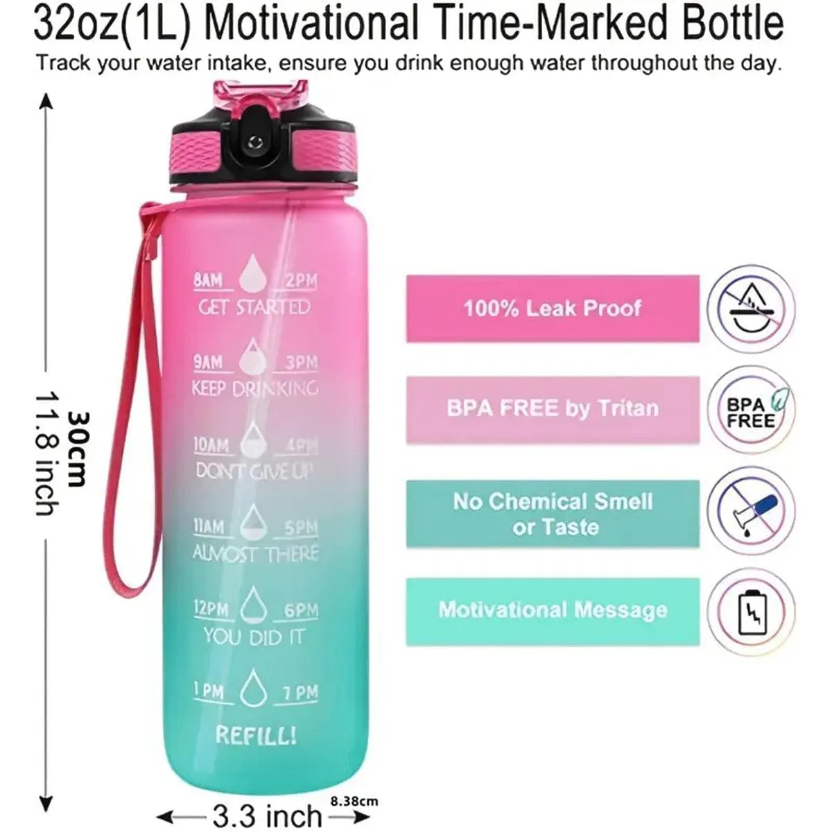 32 oz Sports Water Bottle with Straw Motivational Time Marker Leakproof BPA Free