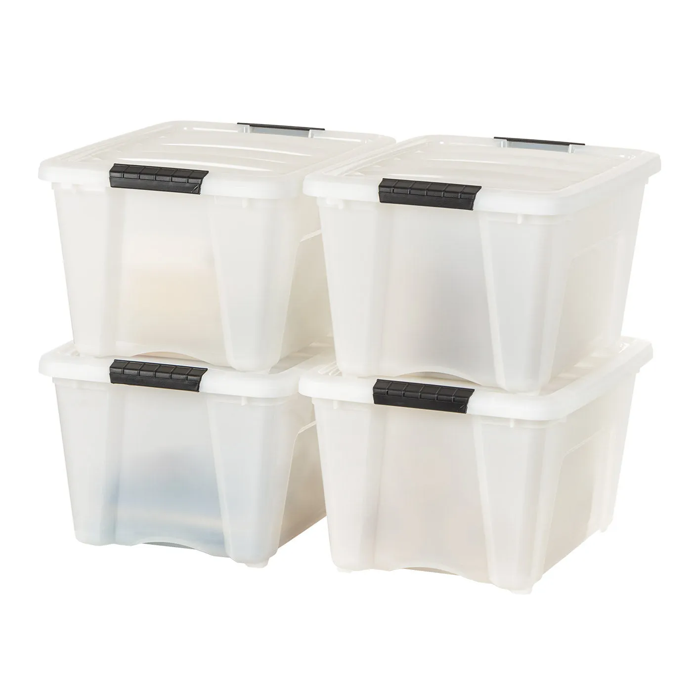 32 Qt. Plastic Storage Bin Tote Organizing Container with Durable Lid and Secure Latching Buckles, Stackable and Nestable, 4 Pack, Pearl with Black Buckle