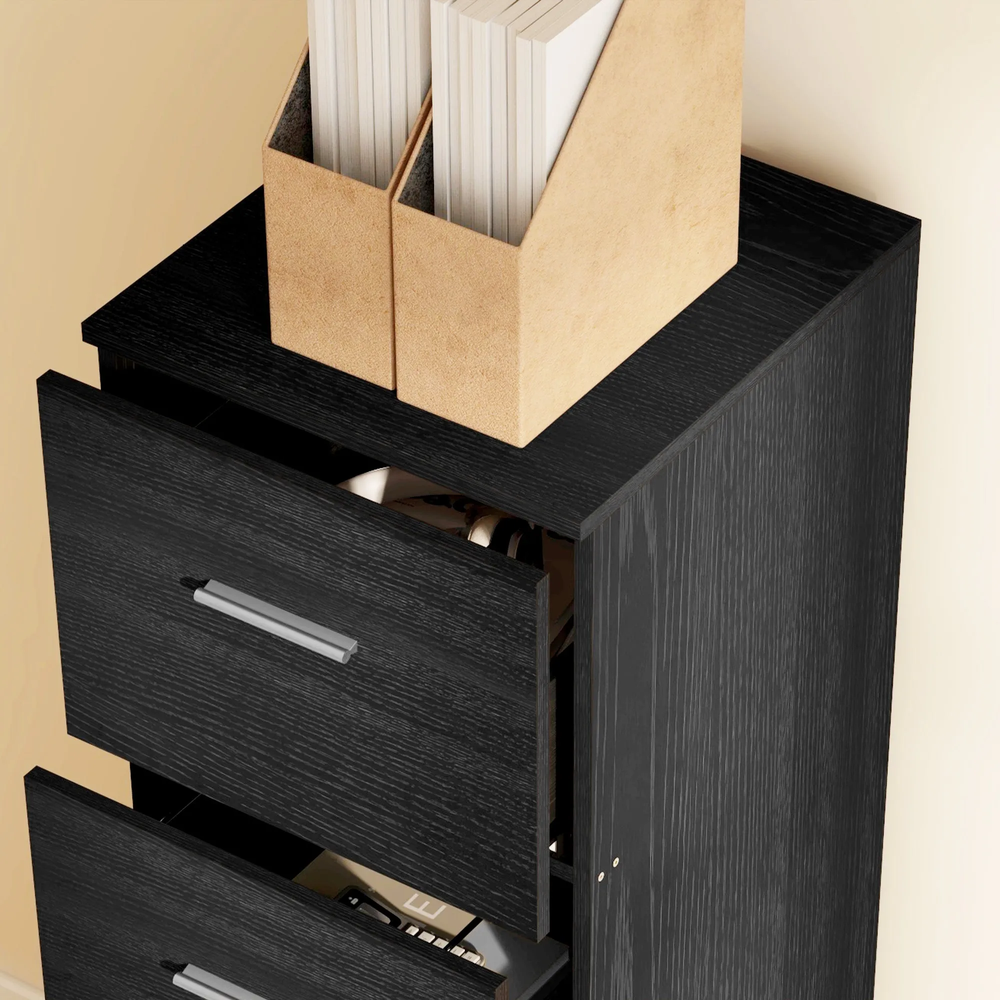 4 Drawer File Cabinet Locking Filing Cabinet, Black Wood Effect