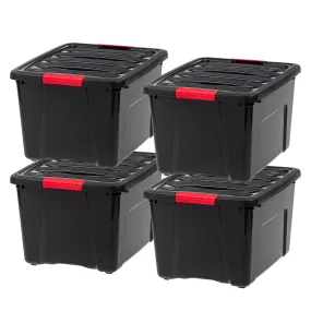 40 Qt. Plastic Storage Bin Tote Organizing Container with Durable Lid and Secure Latching Buckles, Stackable and Nestable, 4 Pack, Black with Red Buckles