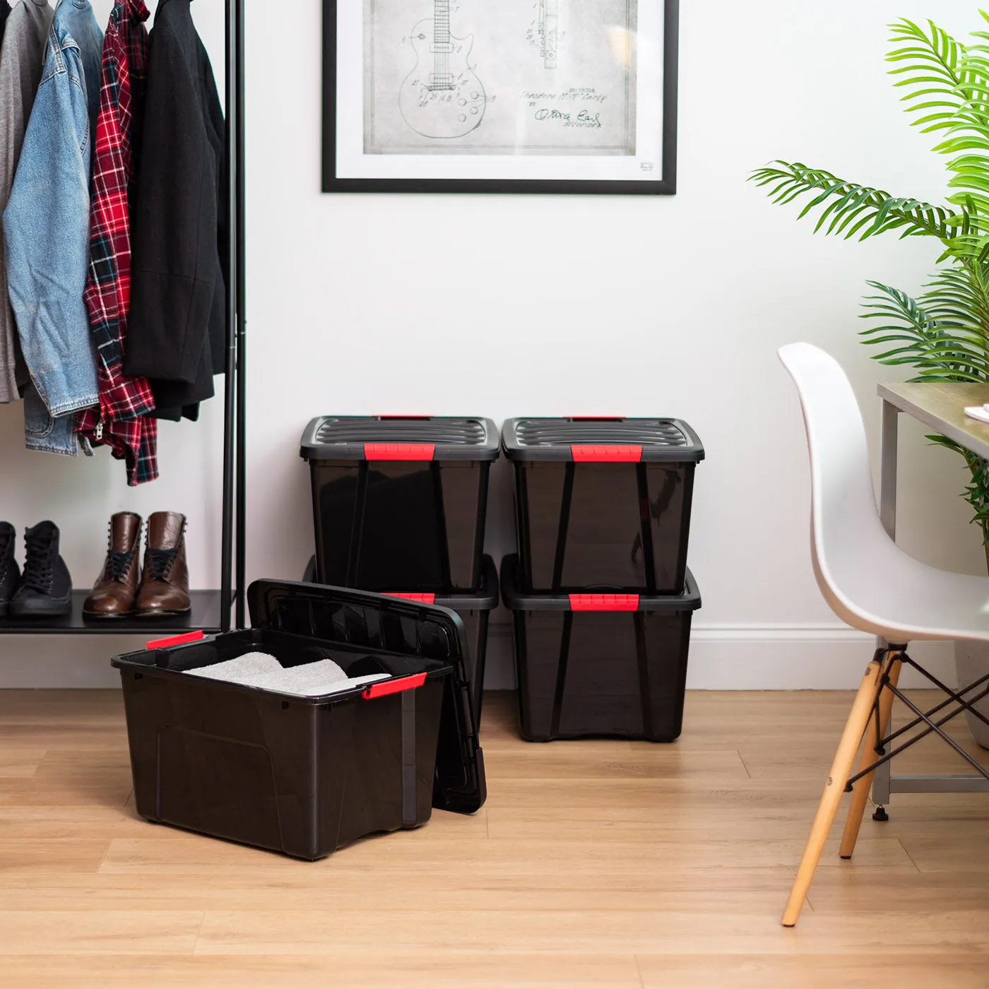 40 Qt. Plastic Storage Bin Tote Organizing Container with Durable Lid and Secure Latching Buckles, Stackable and Nestable, 4 Pack, Black with Red Buckles