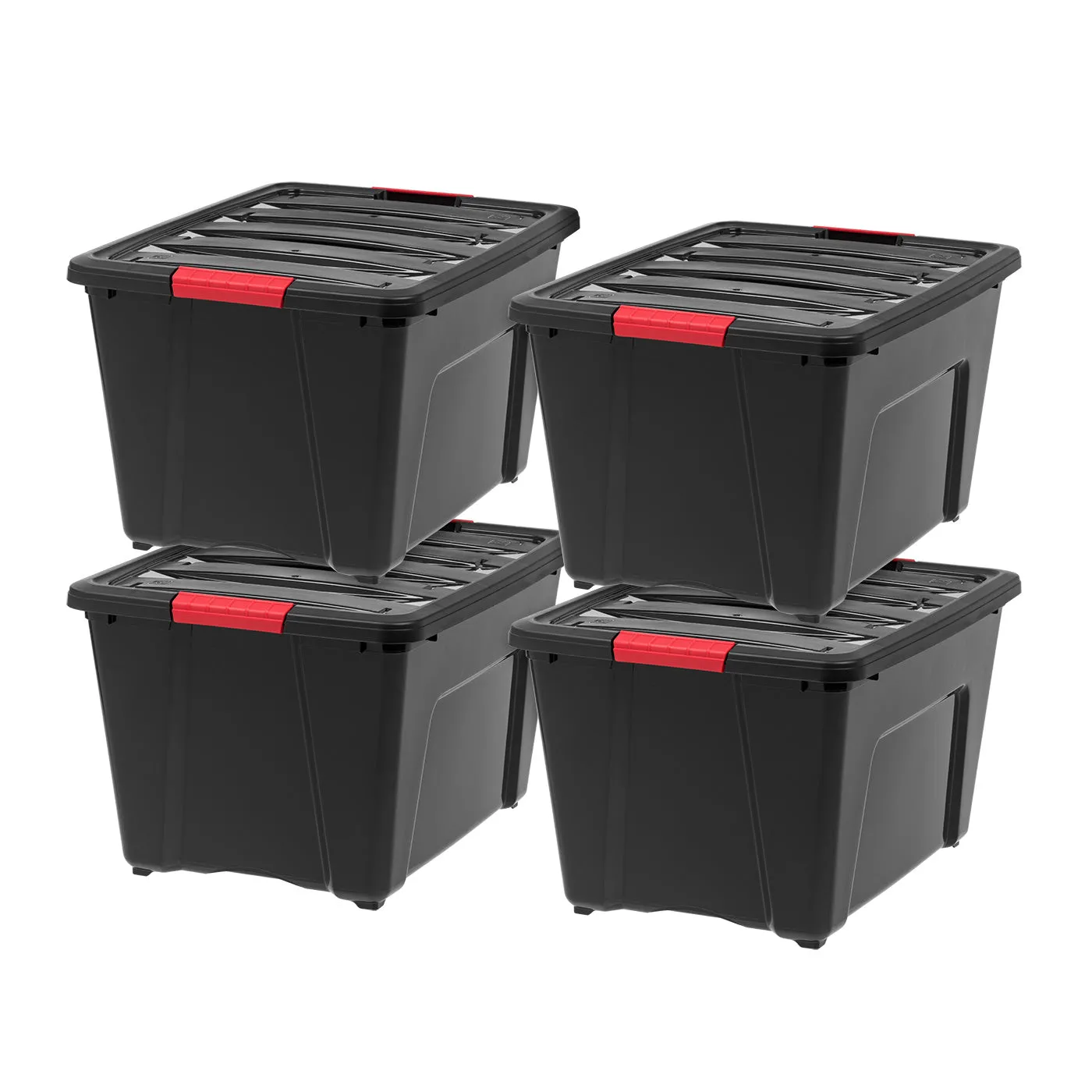 53 Qt. Plastic Storage Bin Tote Organizing Container with Durable Lid and Secure Latching Buckles, Stackable and Nestable, 4 Pack, Black with Red Buckle