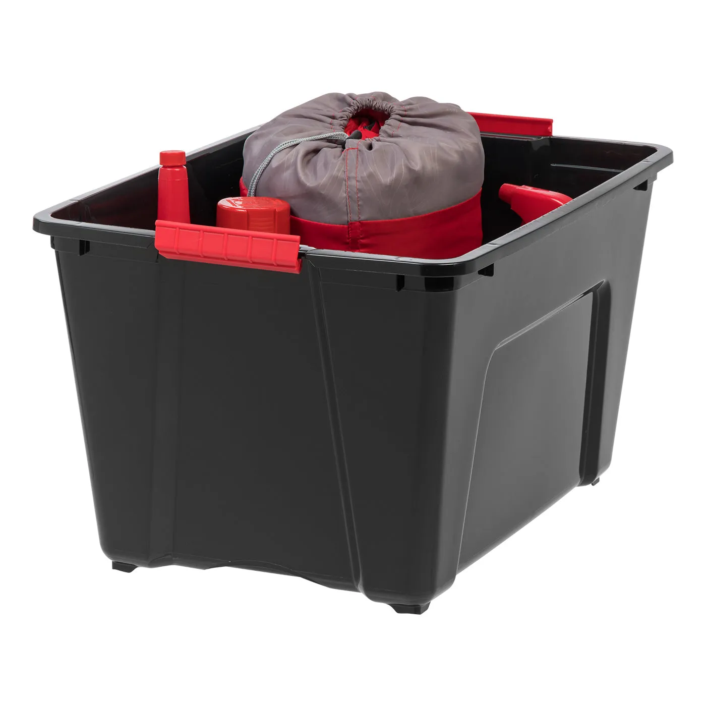 53 Qt. Plastic Storage Bin Tote Organizing Container with Durable Lid and Secure Latching Buckles, Stackable and Nestable, 4 Pack, Black with Red Buckle