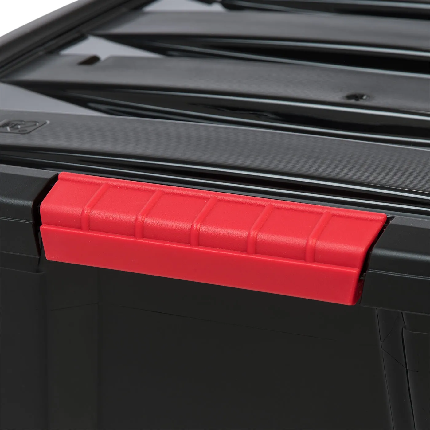 53 Qt. Plastic Storage Bin Tote Organizing Container with Durable Lid and Secure Latching Buckles, Stackable and Nestable, 4 Pack, Black with Red Buckle