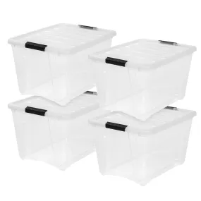 53 Qt. Plastic Storage Bin Tote Organizing Container with Durable Lid and Secure Latching Buckles, Stackable and Nestable, 4 Pack, Clear with Black Buckle