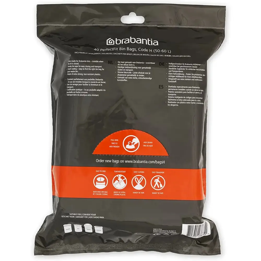 Brabantia PerfectFit Waste Bin Bags [Dispenser Pack 40 Bags] - Code H - 50-60L