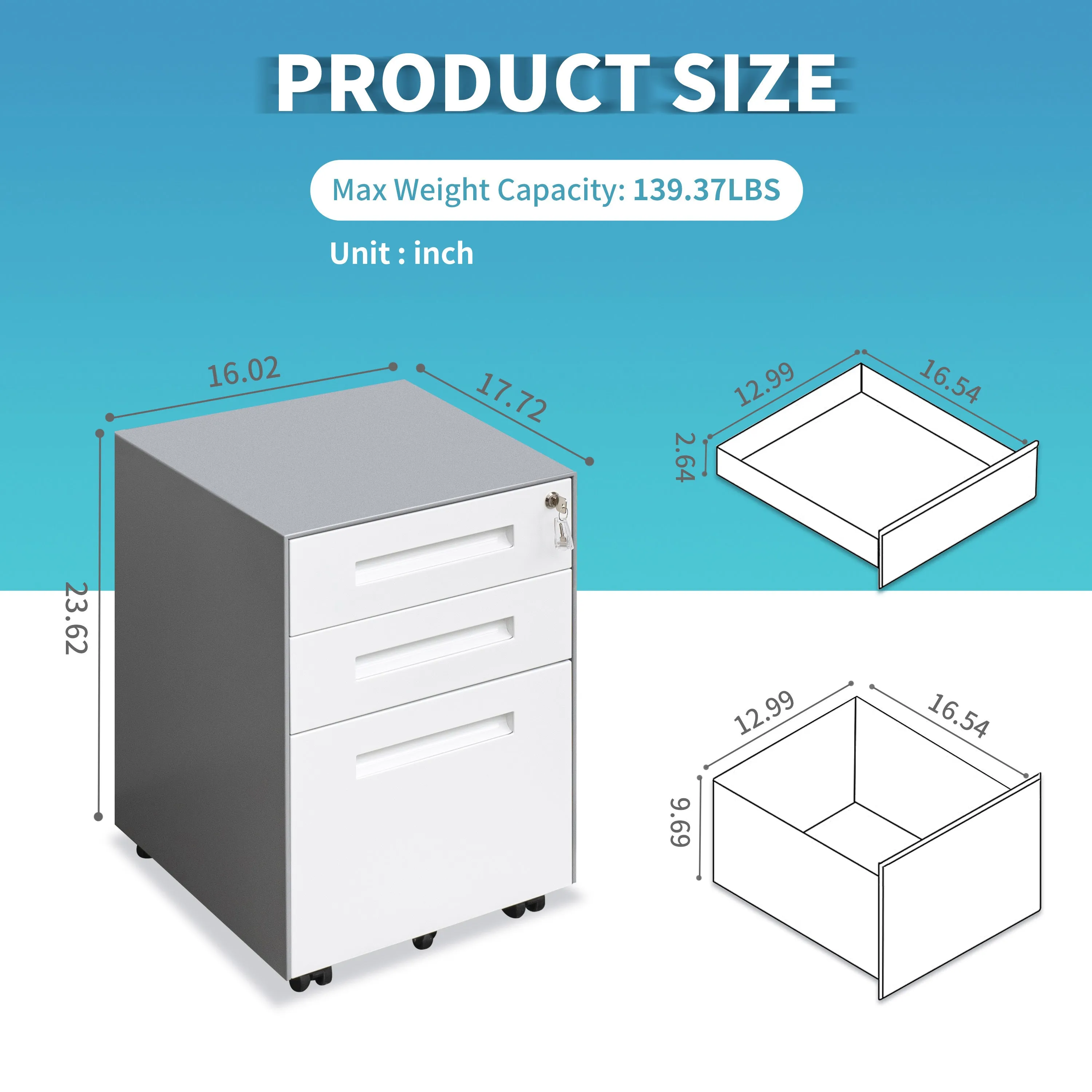 Compact 3 Drawer Mobile File Cabinet - White Grey