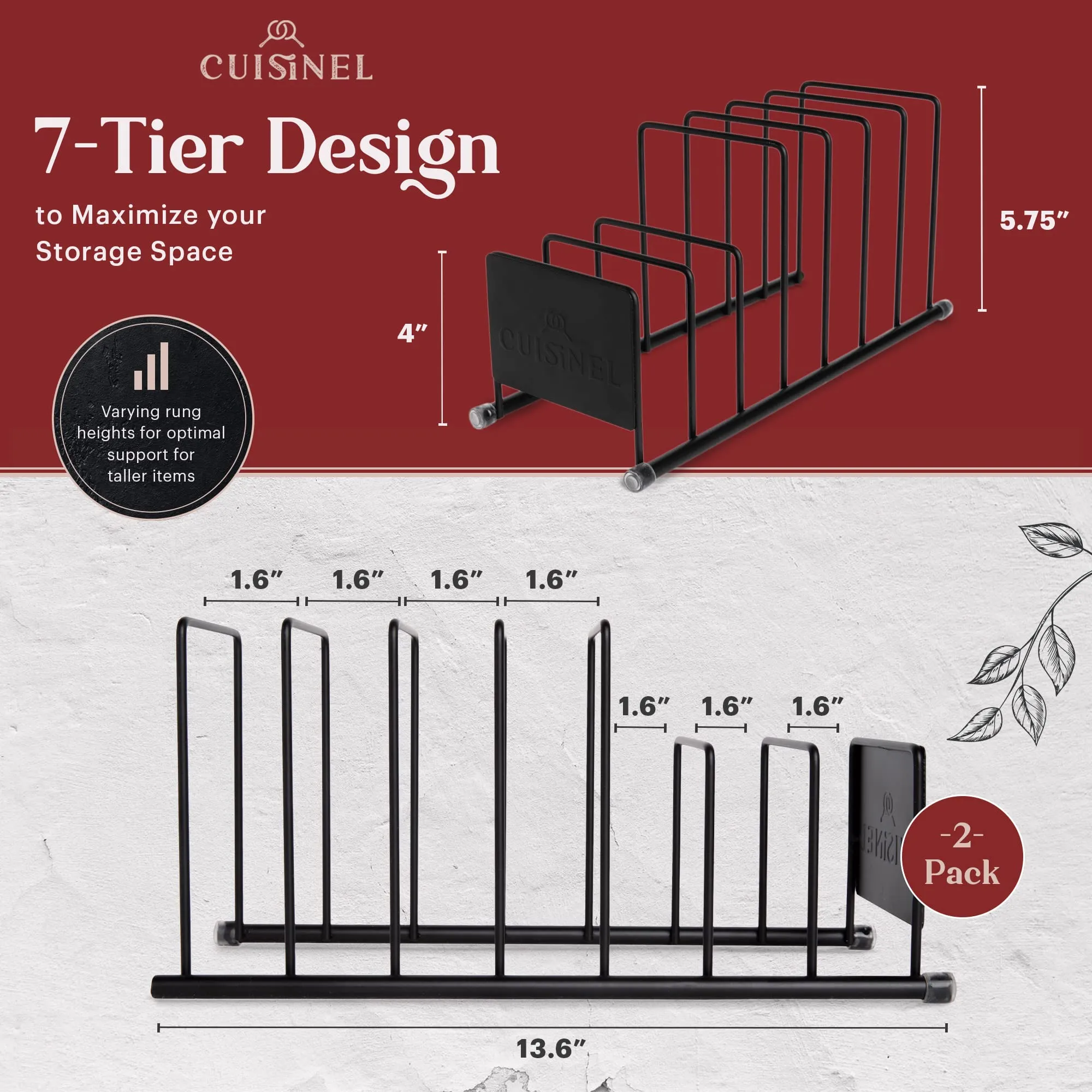 Cuisinel Lid and Dish Organizer Rack - 2-Pack Matte Black Kitchen Storage Organization Stand - Plate Holder, Pan/Pots Covers, Cutting Board and Cookie Sheet Divider - 7-Tier Cabinet/Counter Display