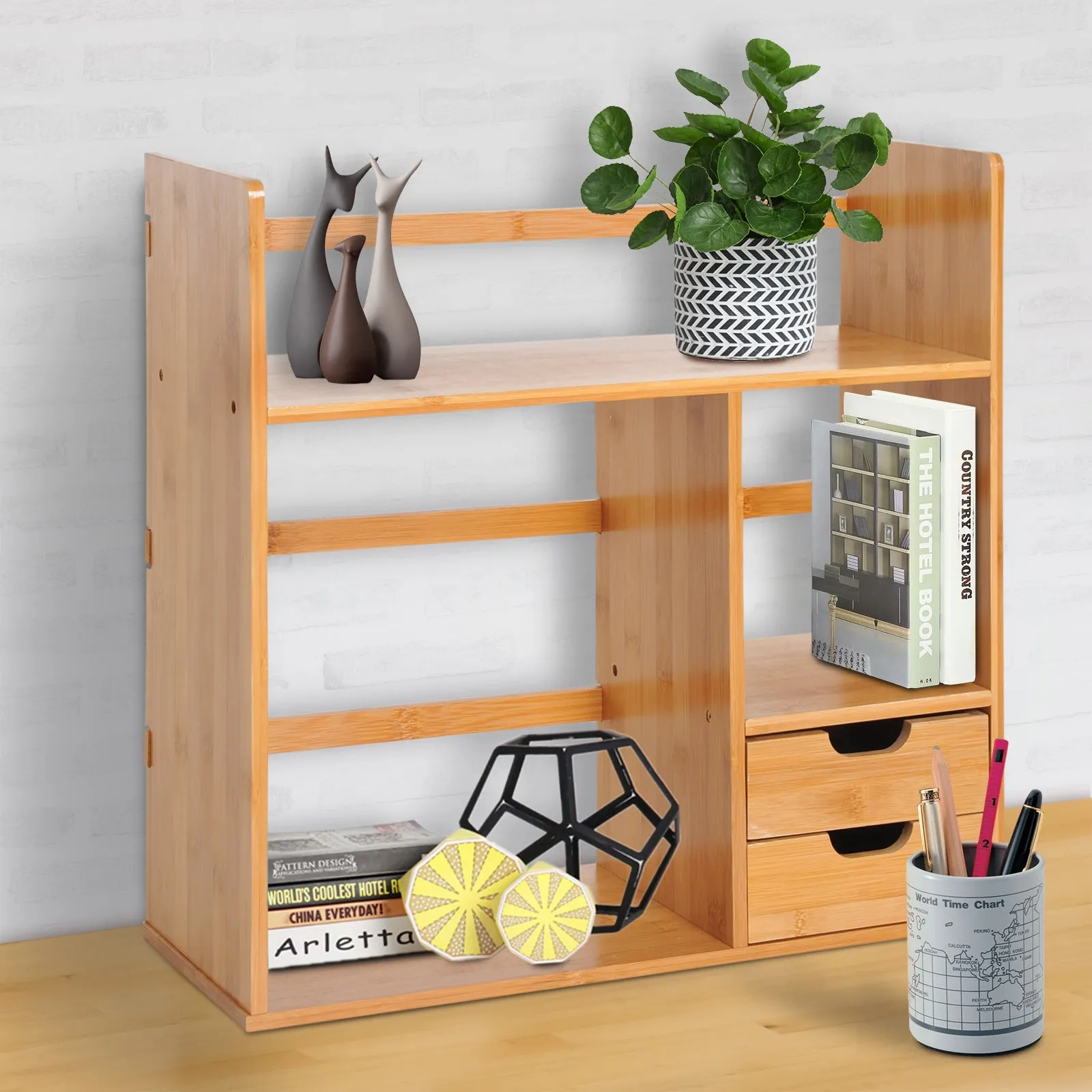 Desk Organiser Compartments Desktop Bookshelf Stationery Storage Shelf Document File Holder with 2 Drawers 2-way Reversed Use Bamboo