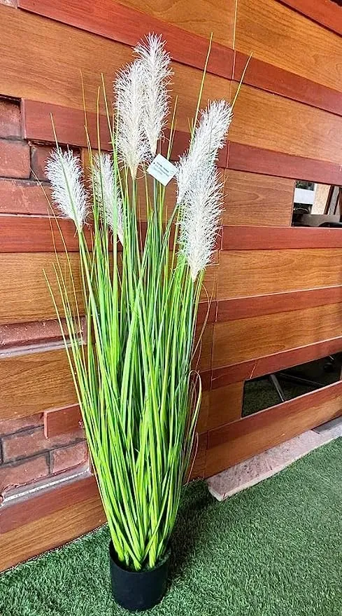 FOX & FERN Reed Grass Flower Artificial Plant (7 Flowers) with Pot | Elevate any Indoor/outdoor Space | Contemporary Home Decor (Ht. 48")