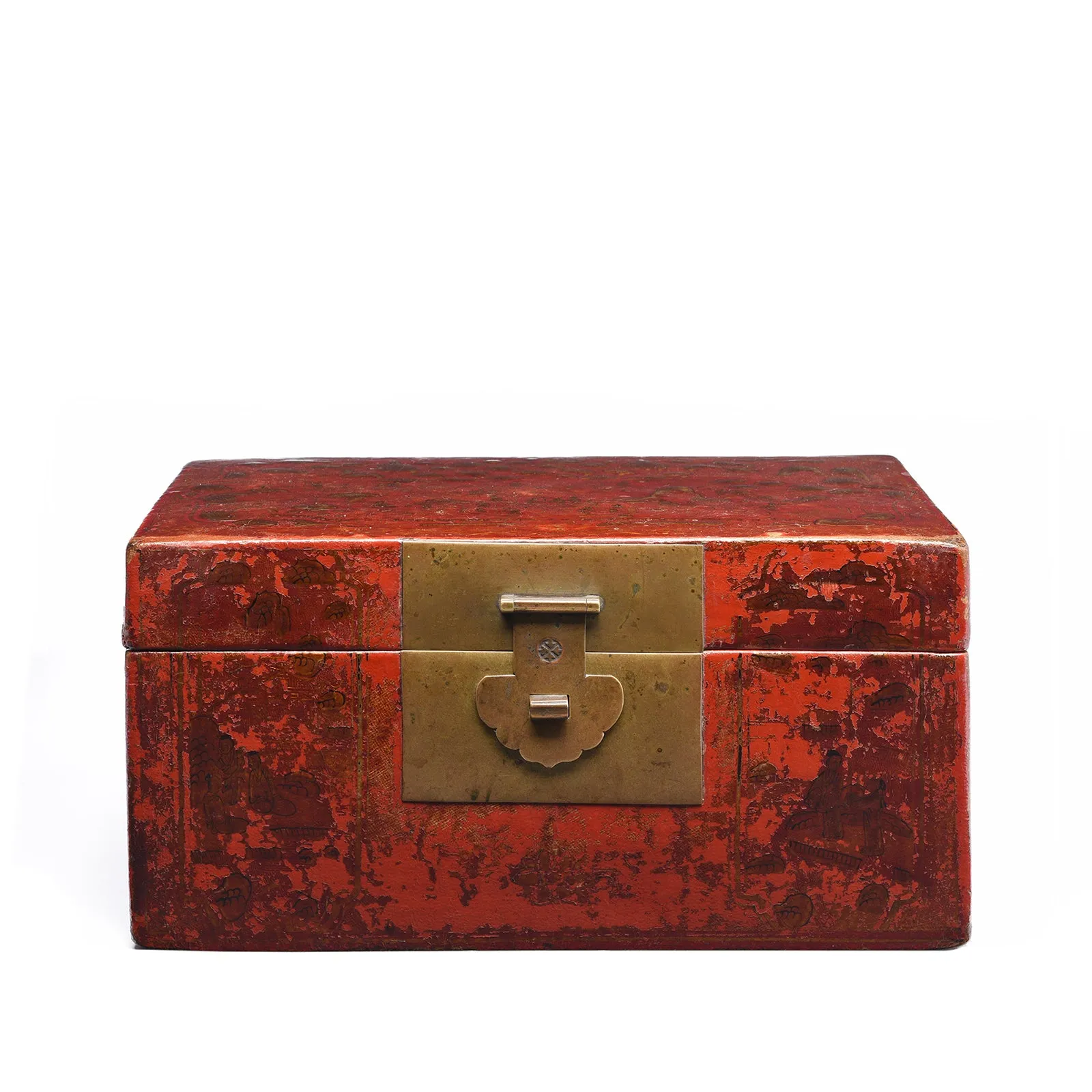 Gilt Red Lacquer Leather & Wood Document Box - Late 19thC