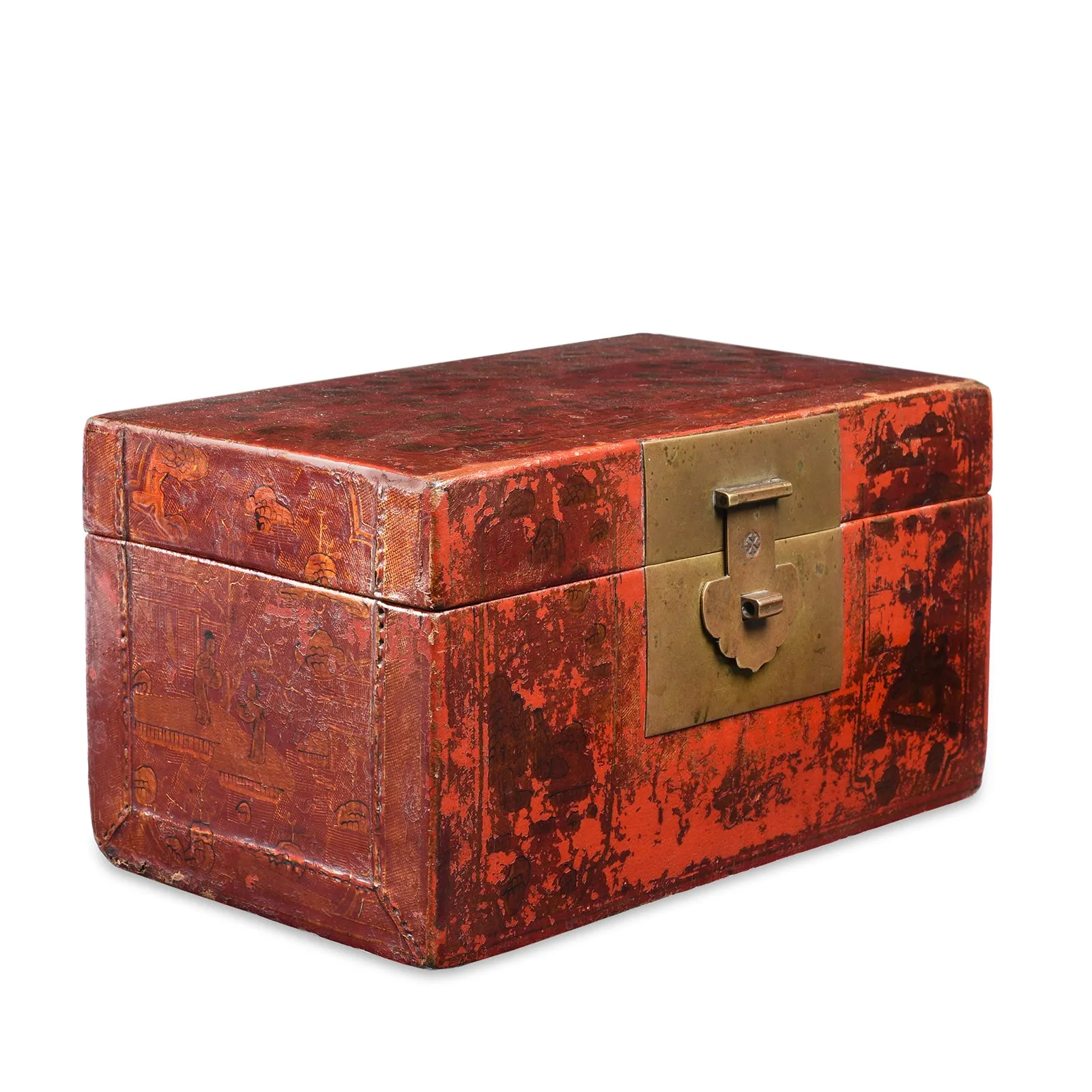 Gilt Red Lacquer Leather & Wood Document Box - Late 19thC