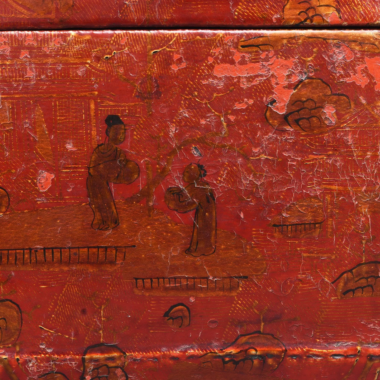 Gilt Red Lacquer Leather & Wood Document Box - Late 19thC